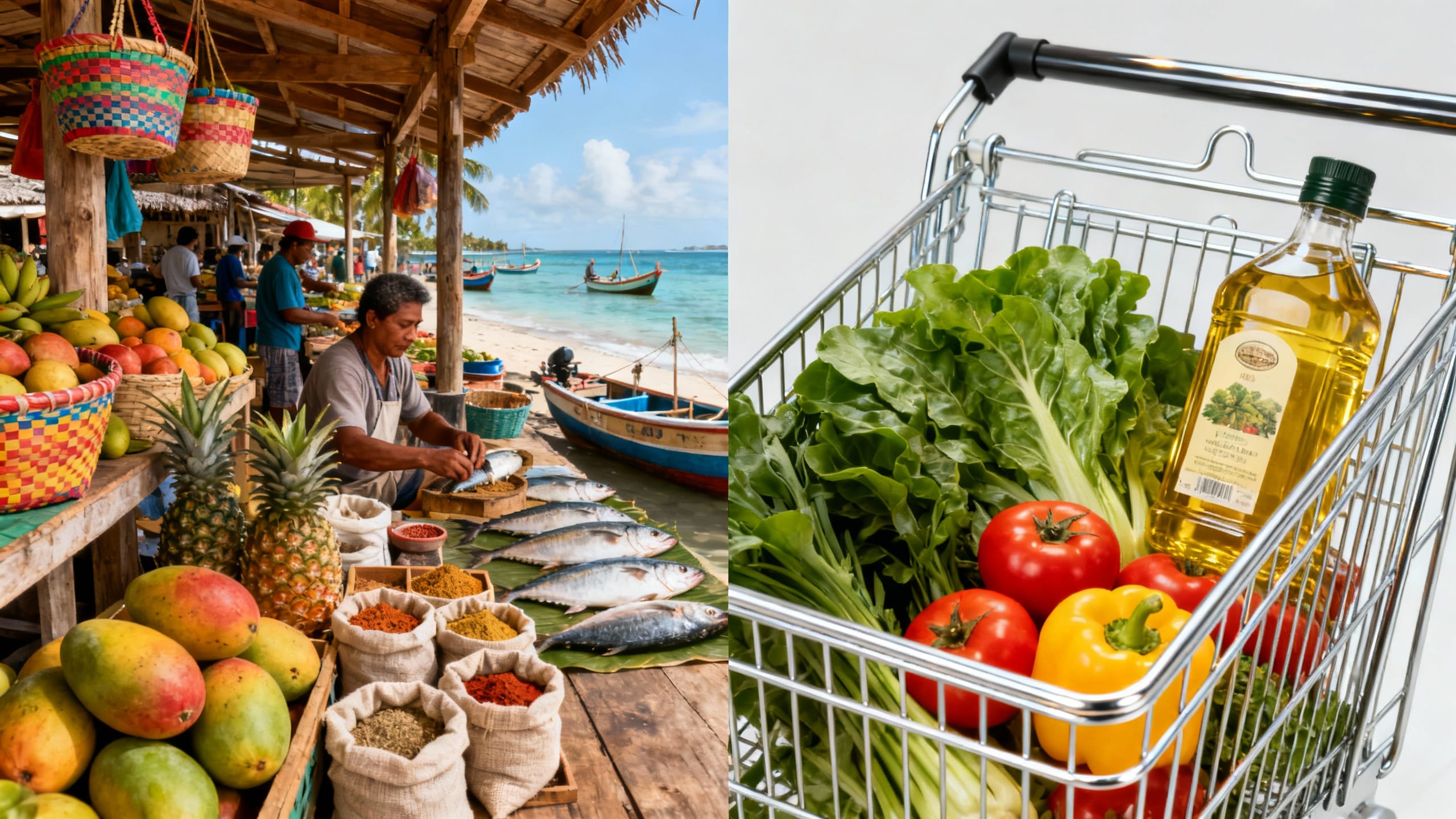 a split image showing a traditional island market on one side and a modern grocery cart filled with fresh produce and olive oil on the other