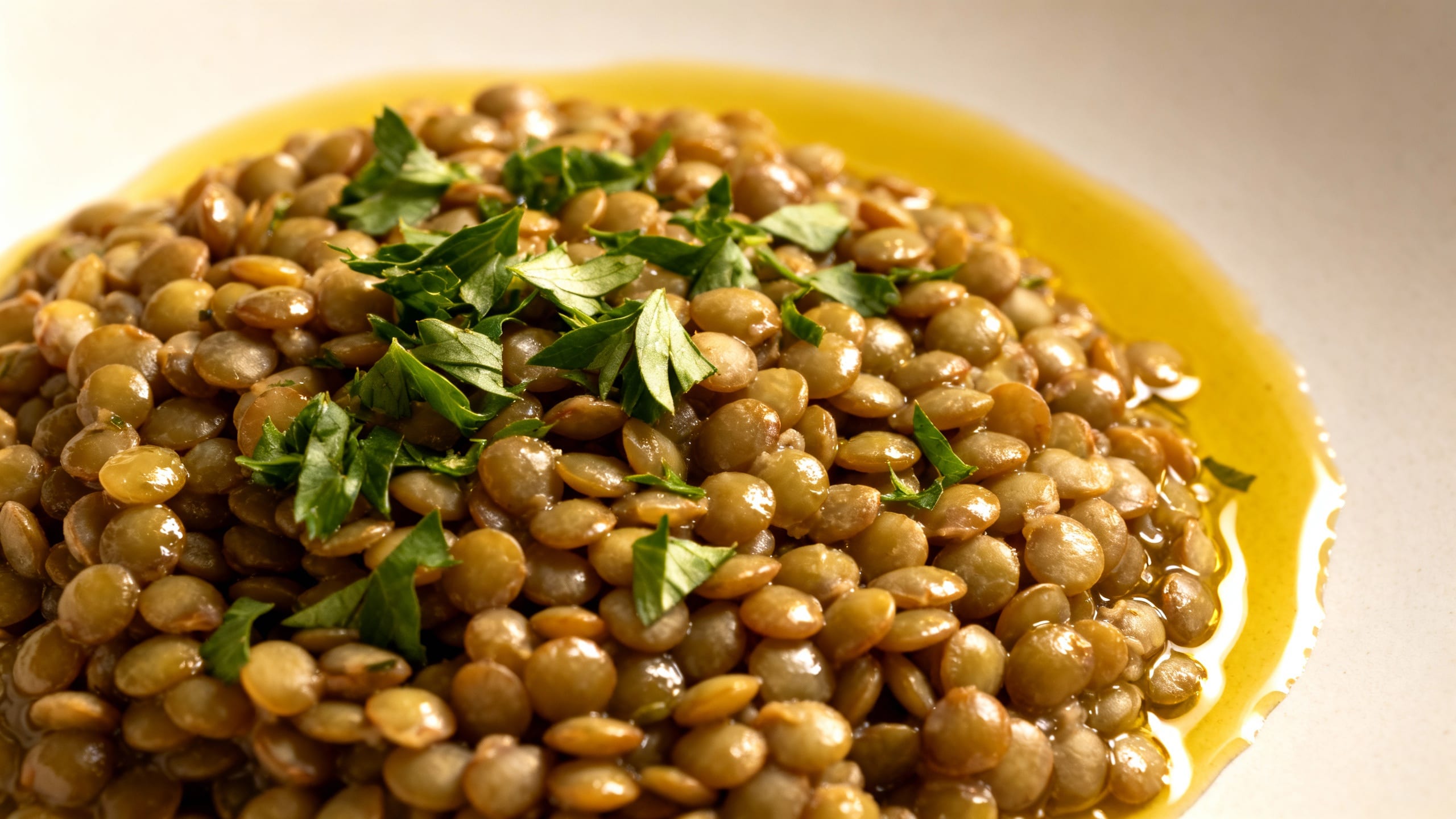 Close-up of cooked lentils with fresh herbs and olive oil