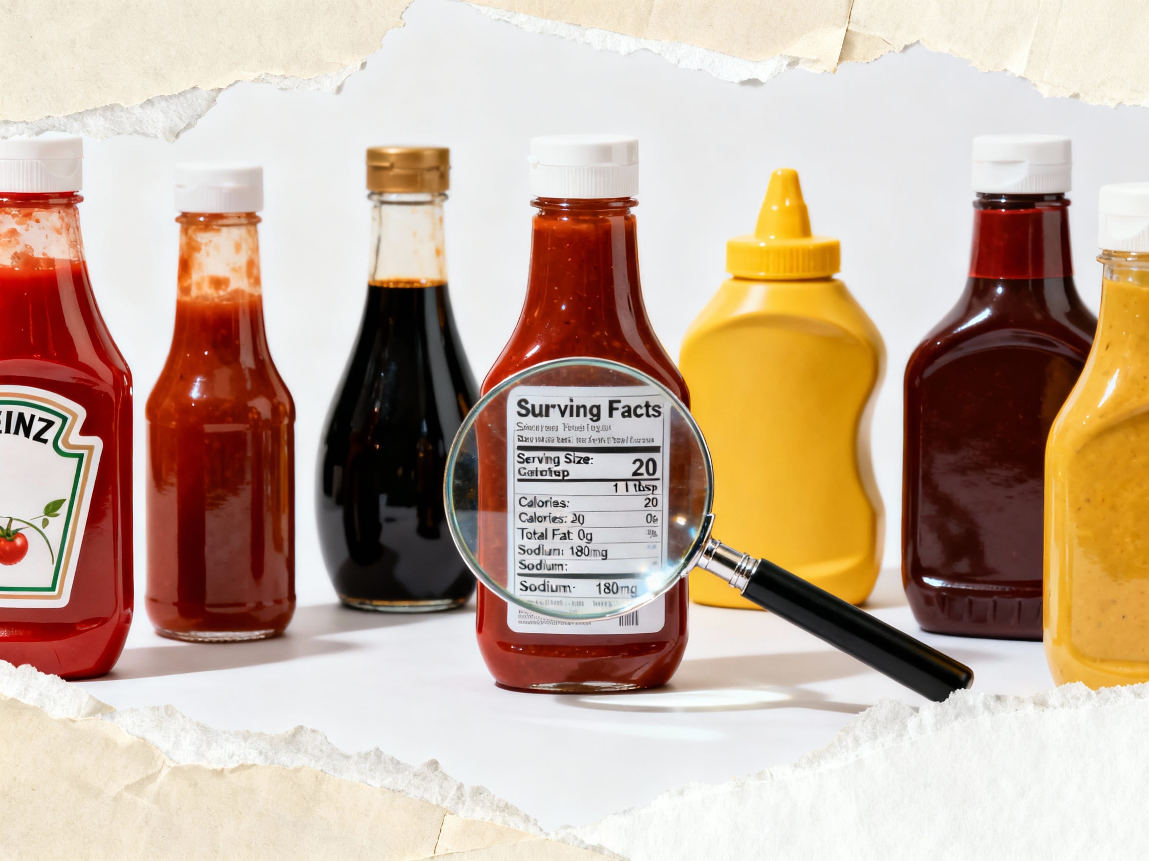 a collage of common sauce bottles with a magnifying glass over a nutrition label