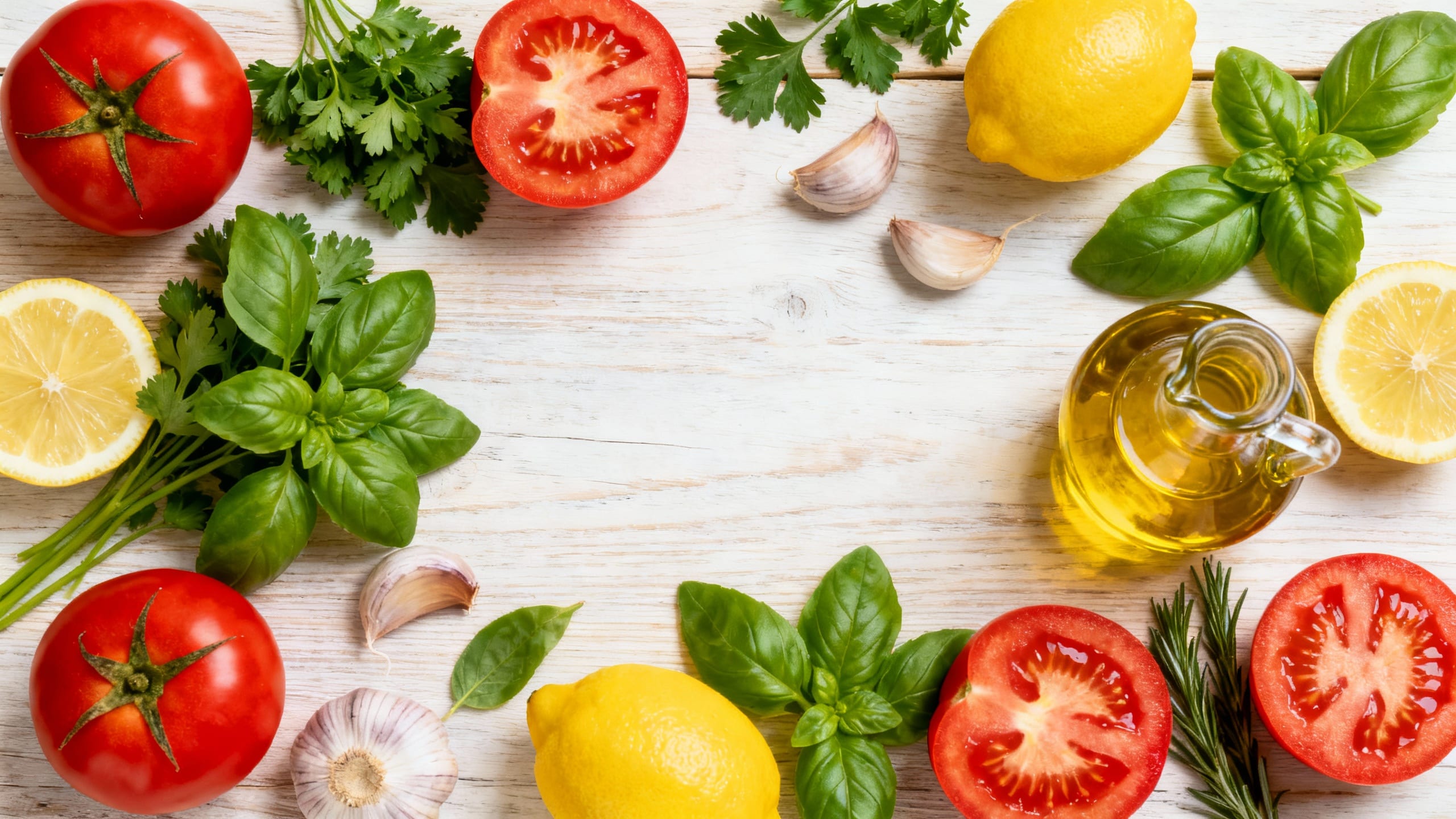 a vibrant flat lay of key Mediterranean sauce ingredients like ripe tomatoes, fresh herbs, garlic, lemons, and olive oil
