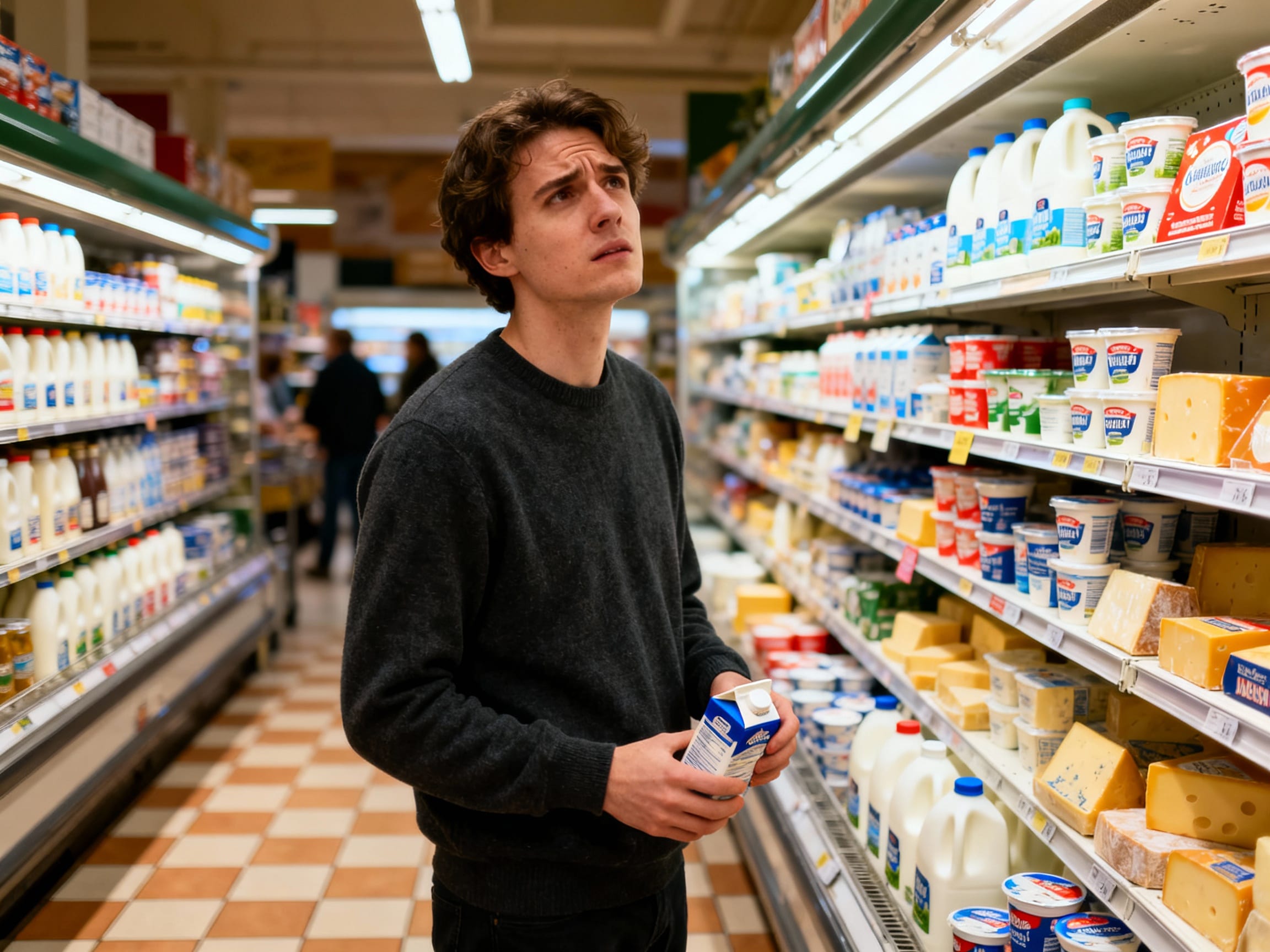 person looking confused in a dairy aisle