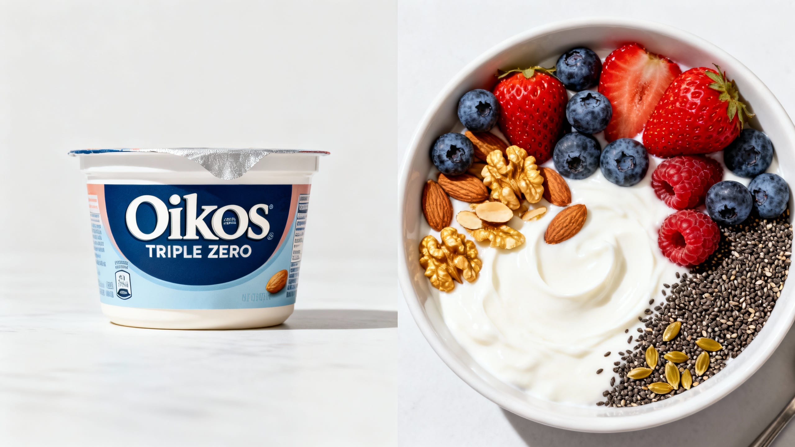 a split image showing Oikos Triple Zero on one side and a plain yogurt bowl with berries, nuts, and seeds on the other
