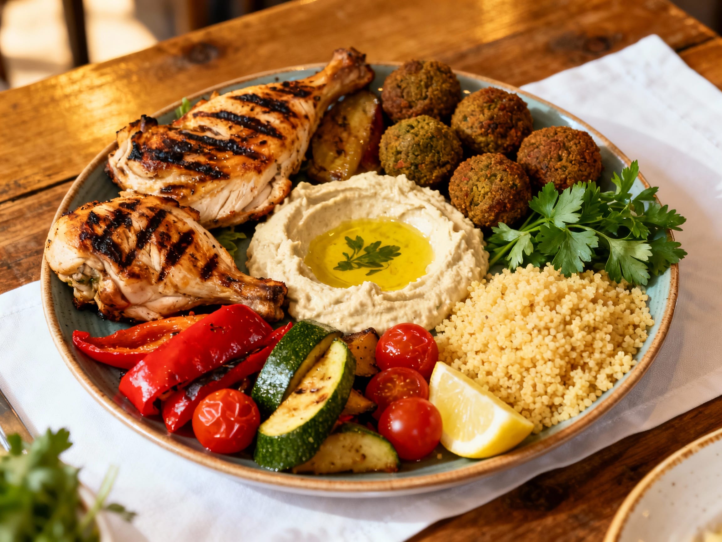 A vibrant plate of Mediterranean food at a restaurant setting