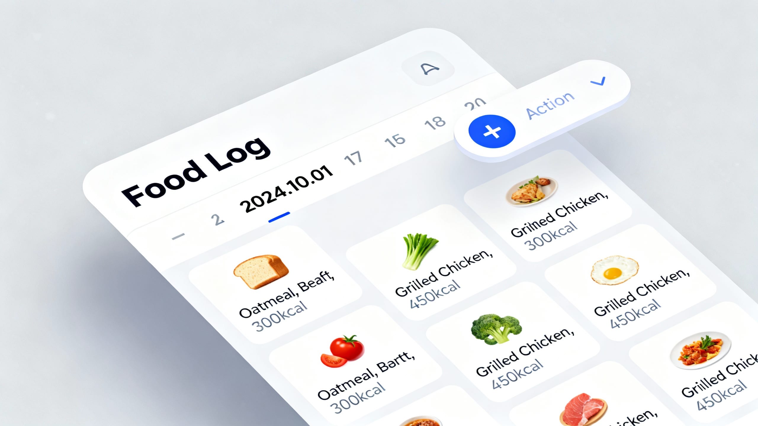 A stylized screenshot of a food logging app with a calendar view