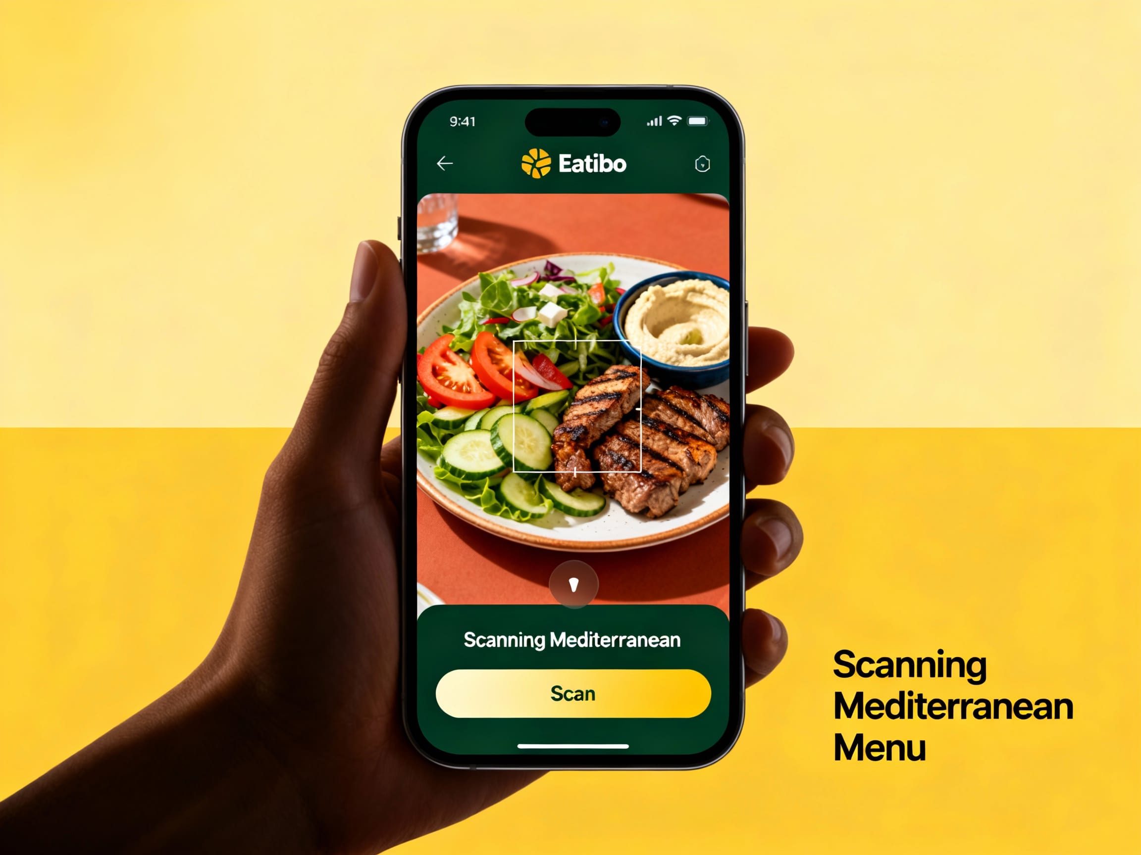 Eatibo app scanning a menu item at a Mediterranean restaurant