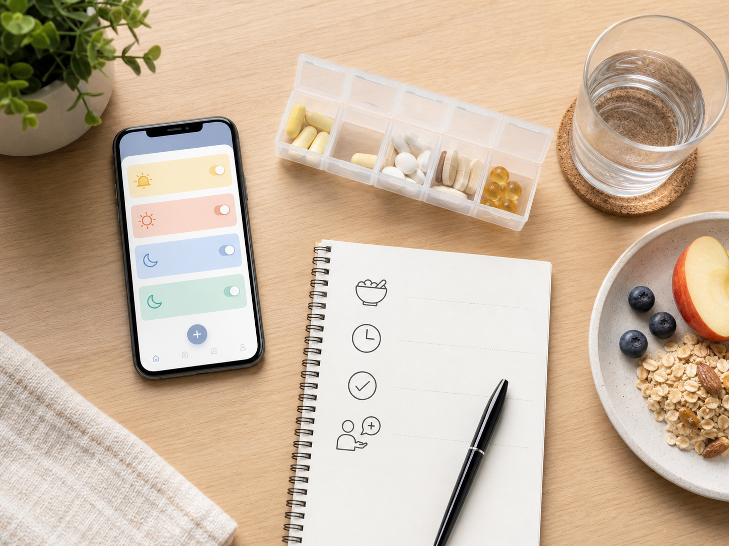 pill reminder routine framework with meal, clock, checkmark, and pharmacist cues