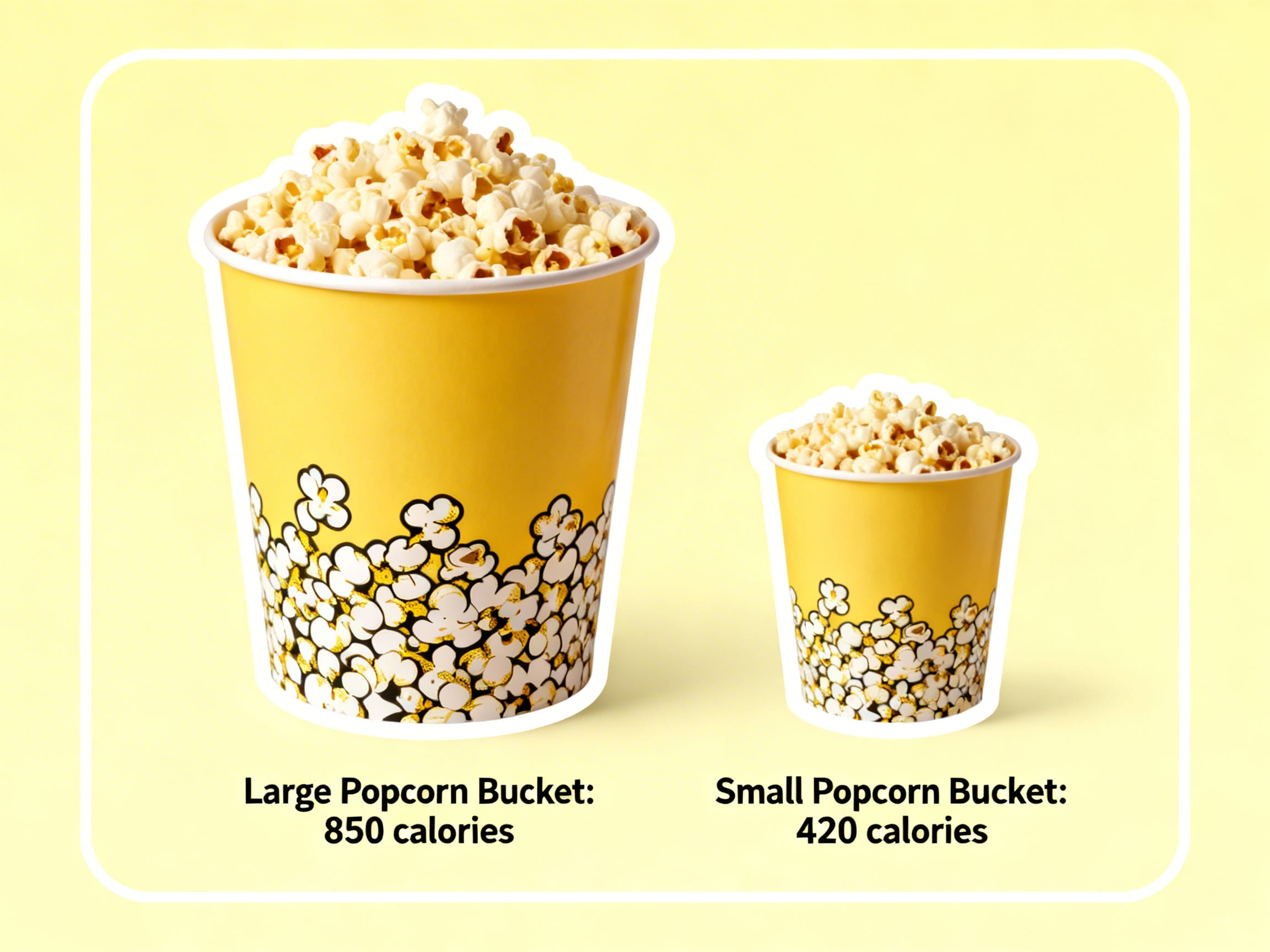 large and small popcorn buckets with calorie comparison