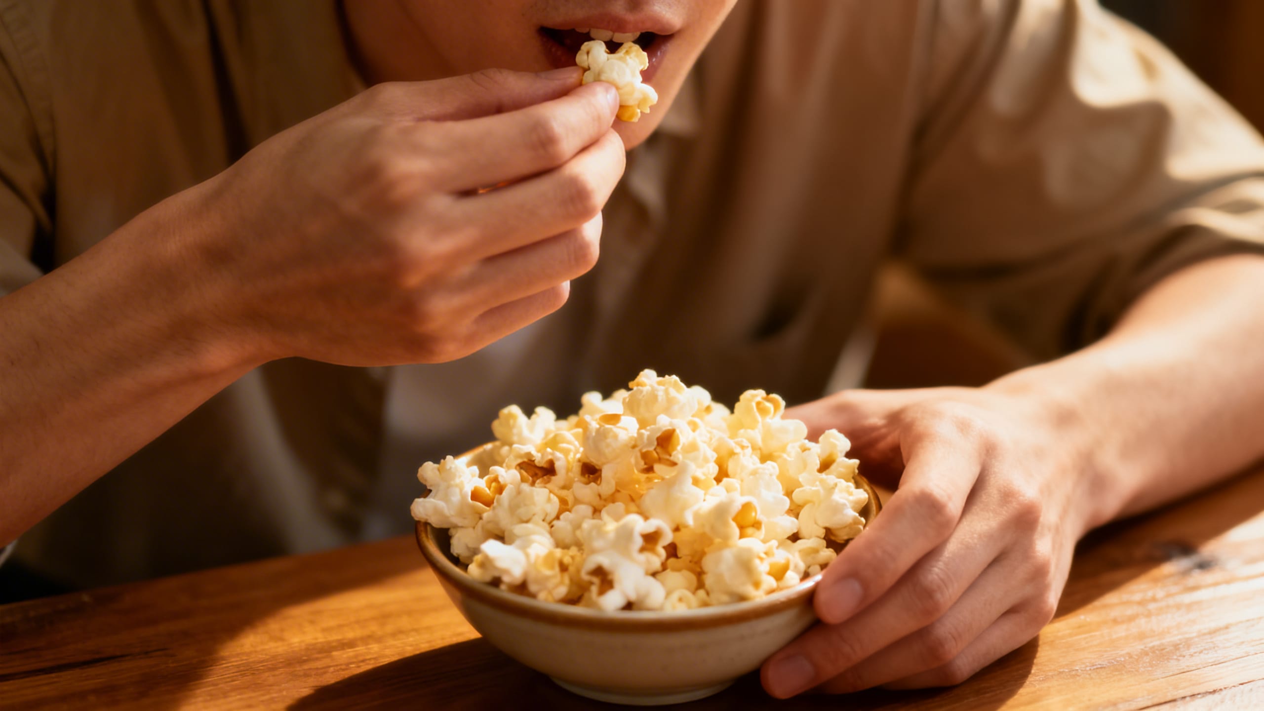 a person eating a small portion of air-popped popcorn