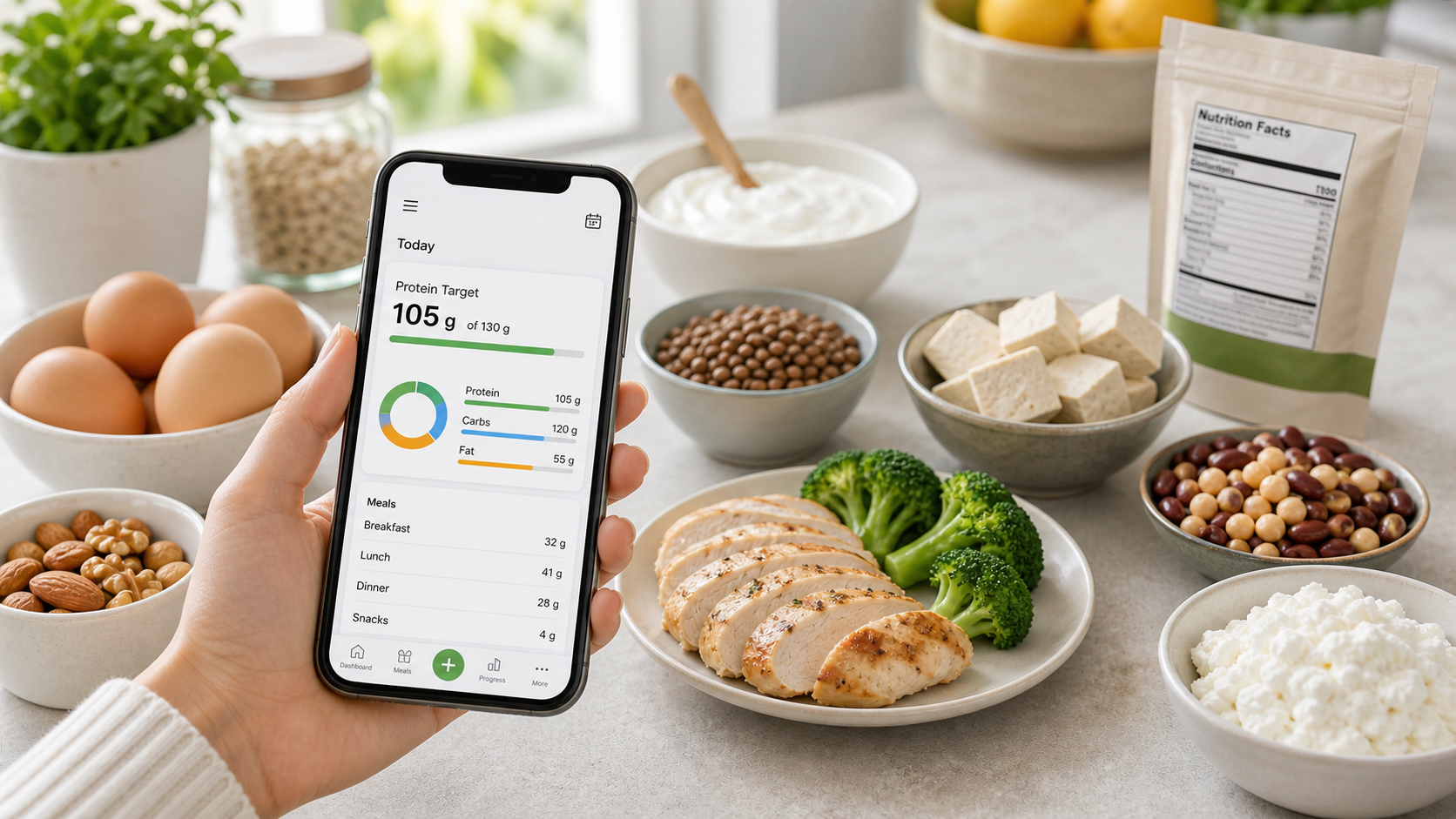 protein target being tracked beside real meal ingredients