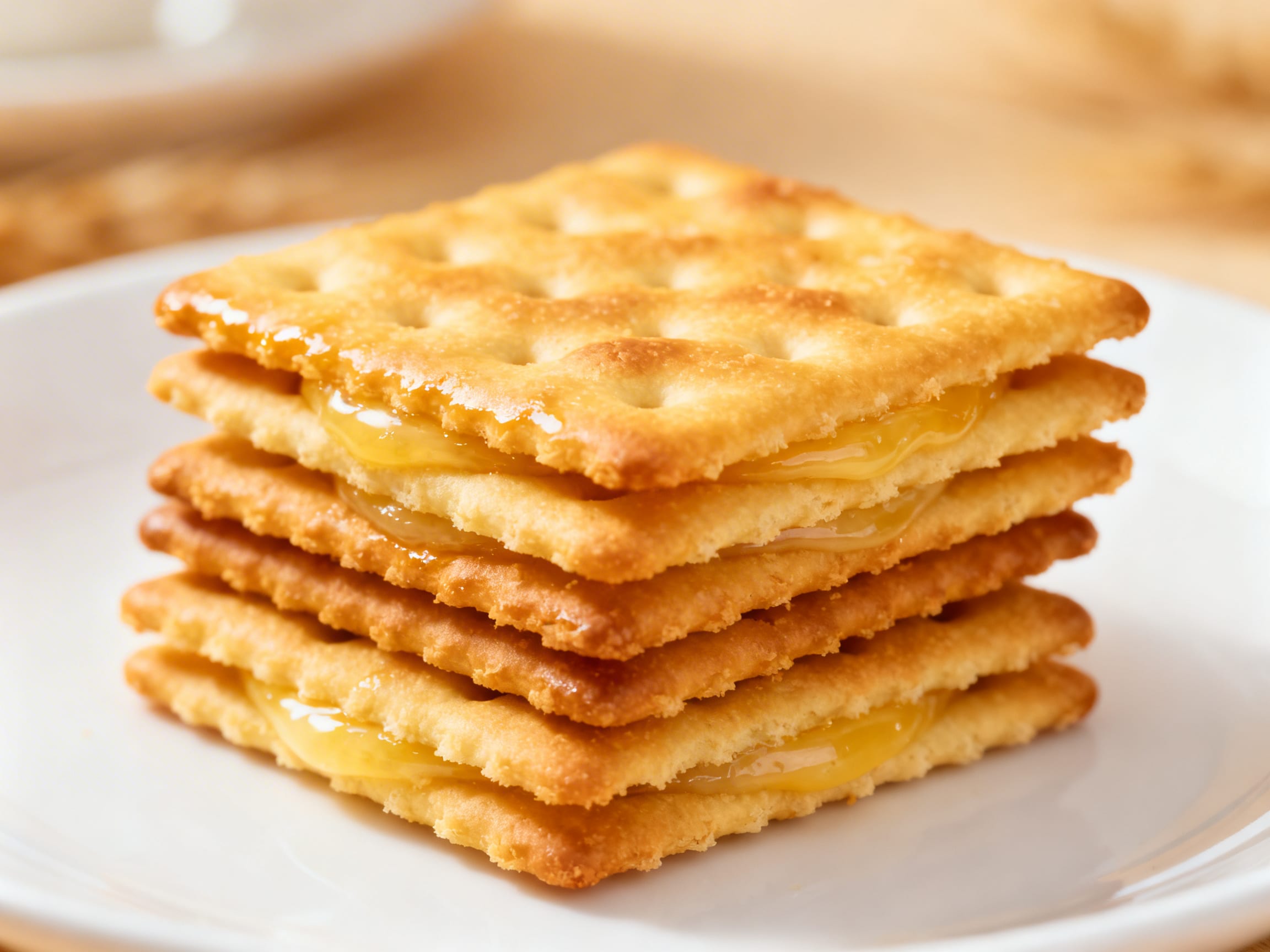 a stack of golden Ritz crackers on a white plate