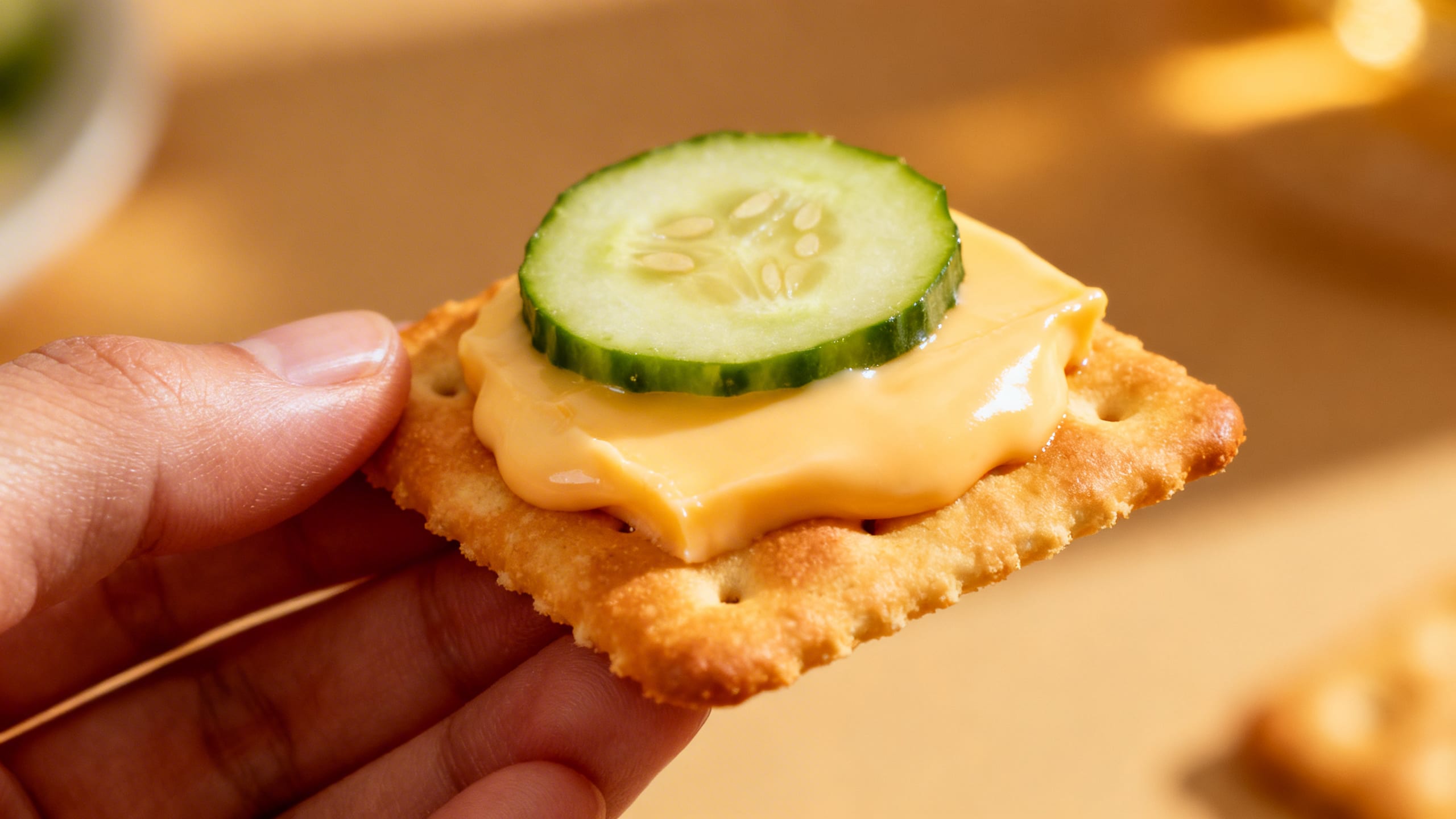 a hand holding a Ritz cracker topped with cheese and a slice of cucumber