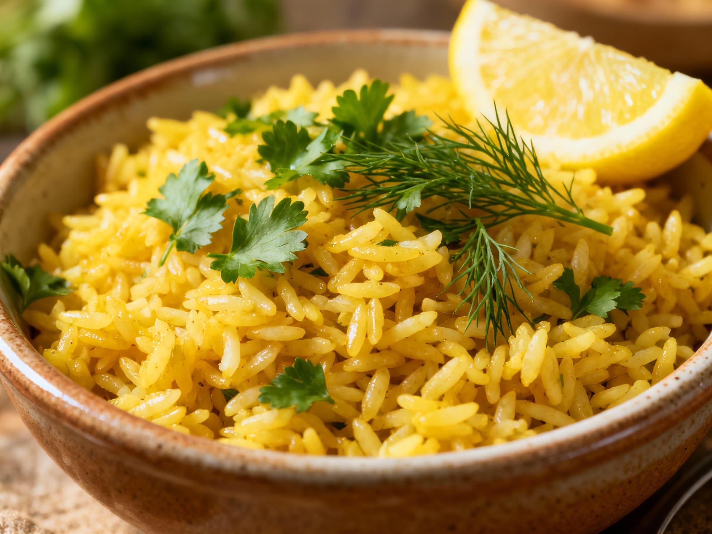 a perfectly cooked bowl of Mediterranean yellow rice with fresh herbs and lemon wedges