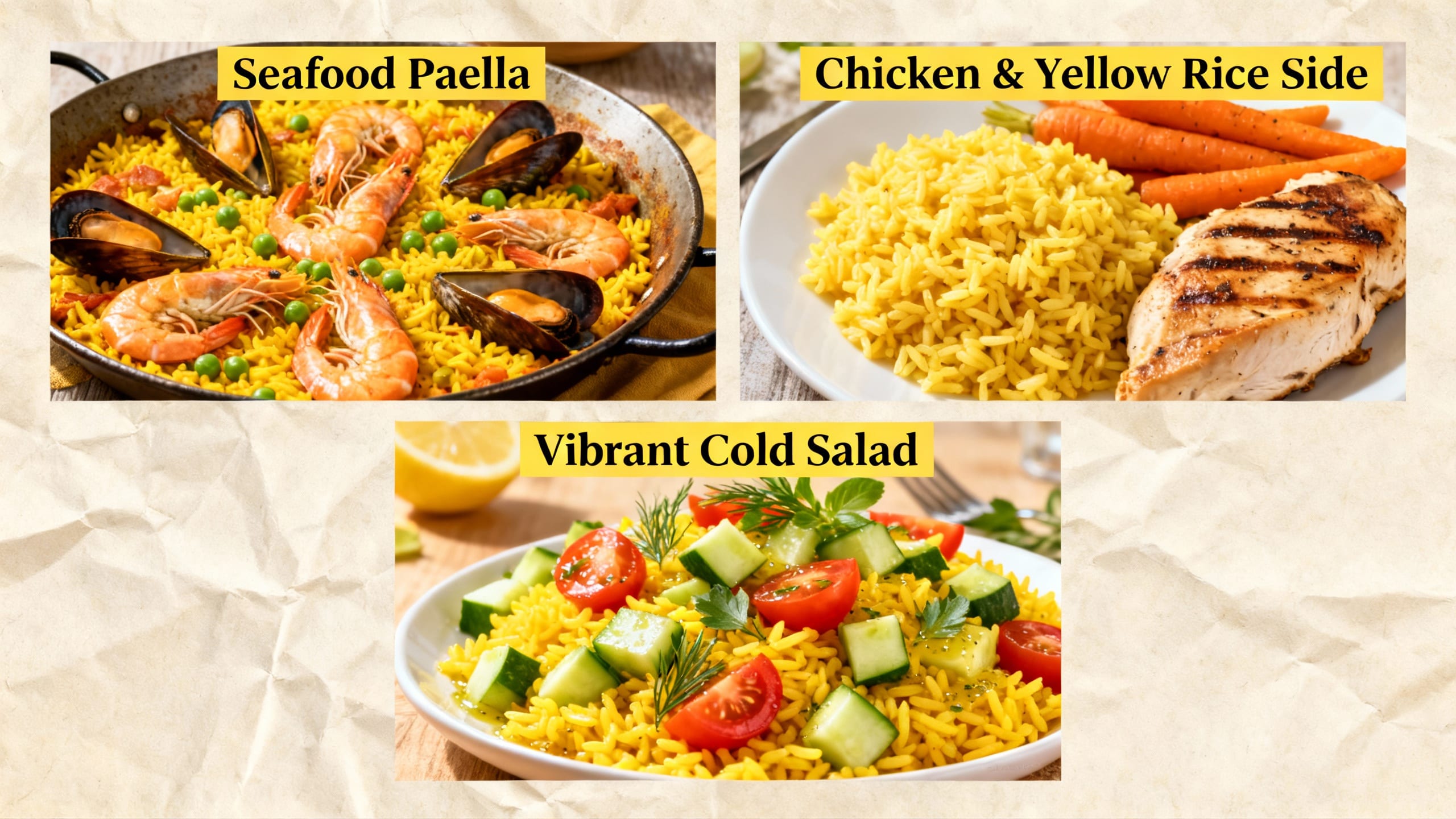 a collage of various meal ideas featuring yellow rice, such as a seafood paella, a simple side with chicken, and a vibrant cold salad