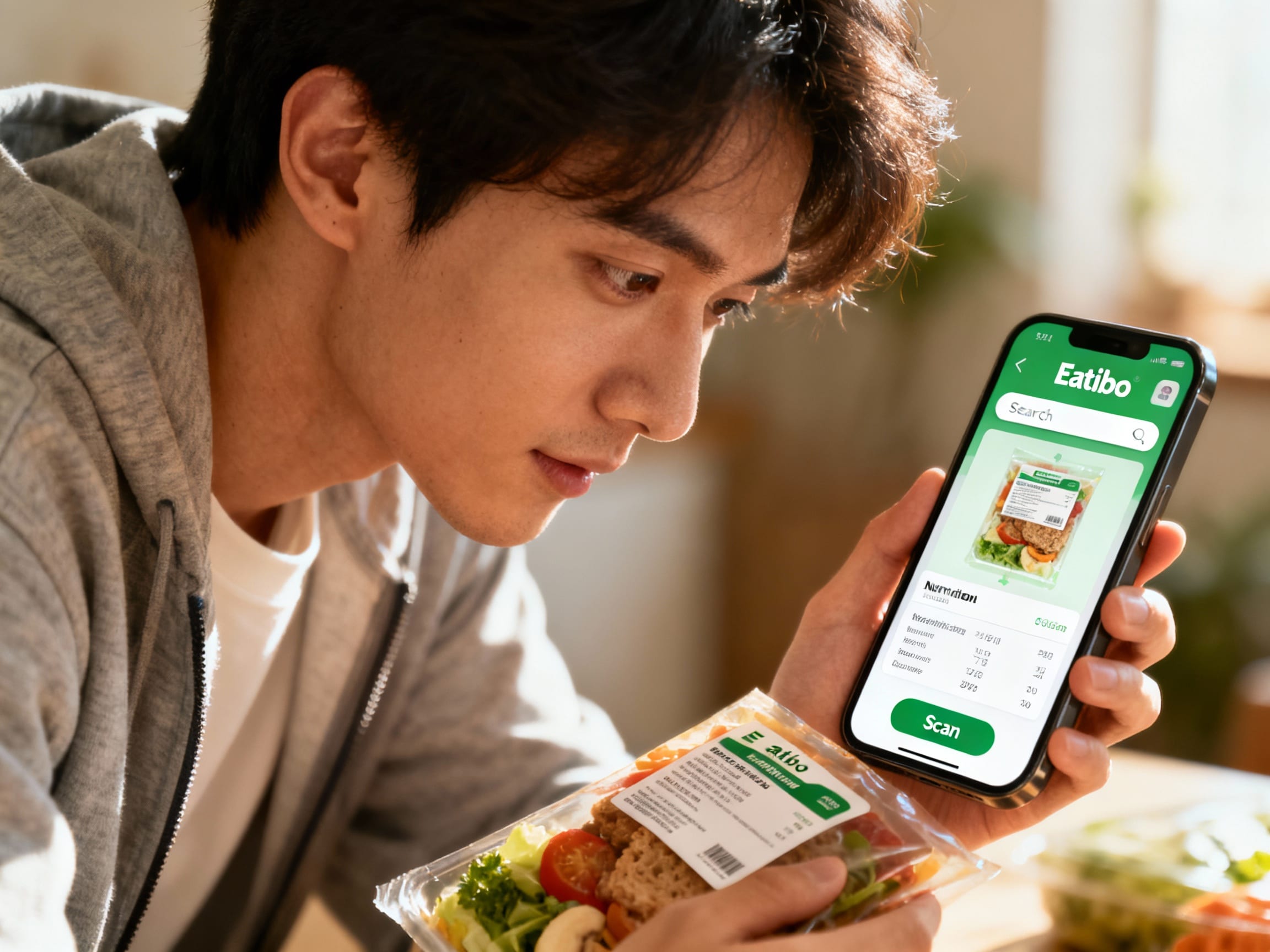 a person reading a food label with Eatibo app overlay
