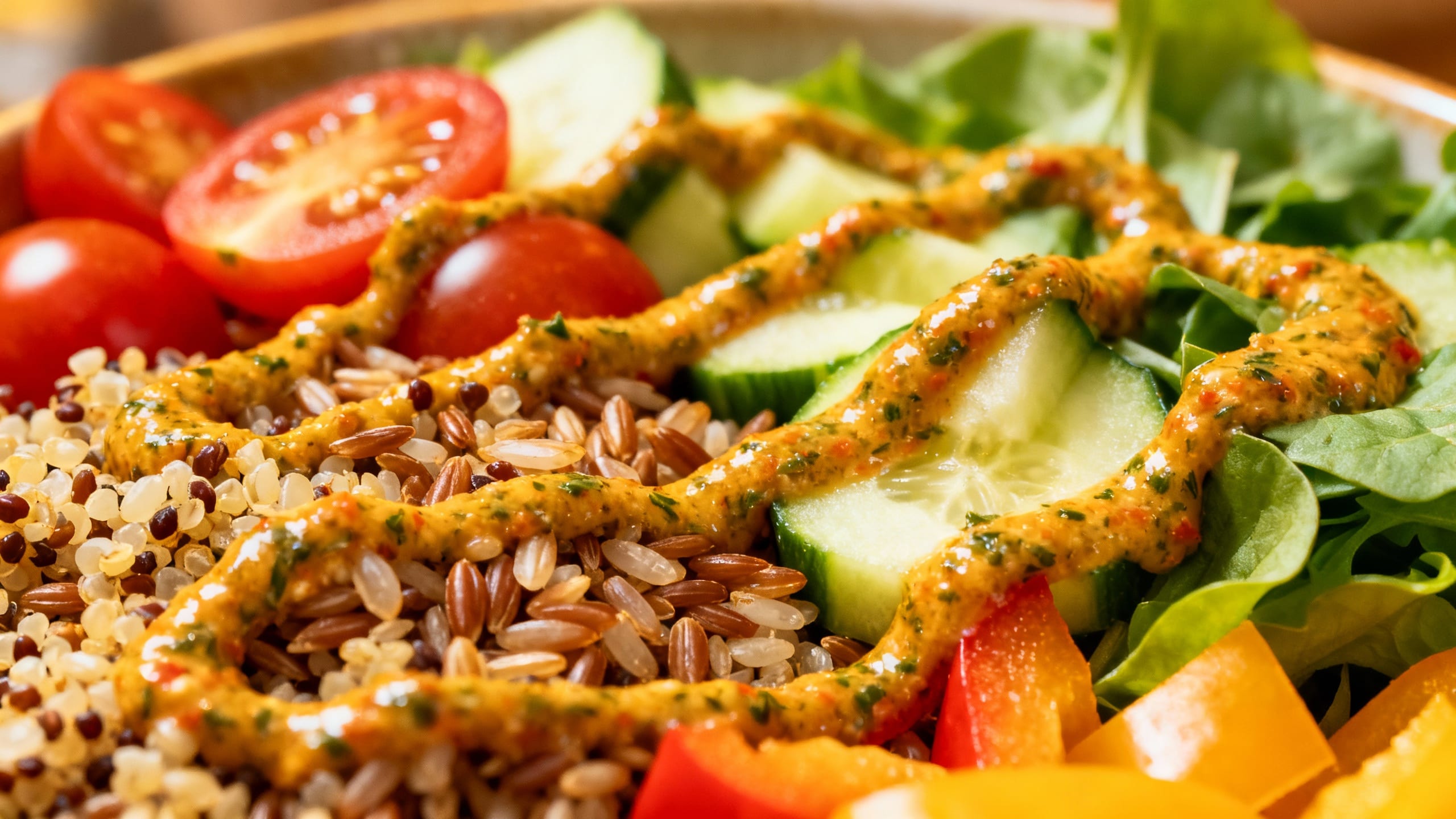 a colorful grain bowl with a Mediterranean sauce drizzled over it