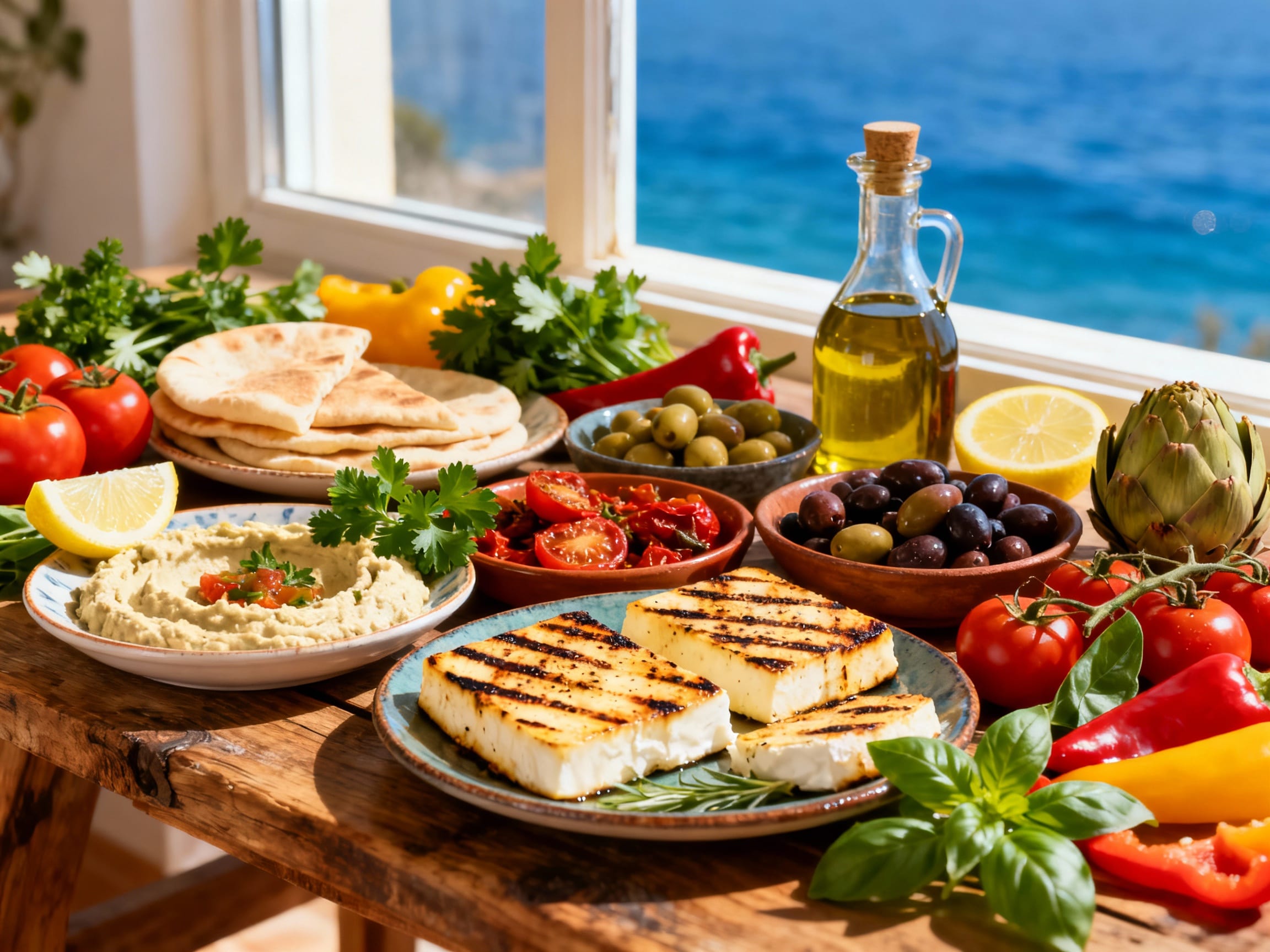 A colorful spread of Mediterranean dishes and ingredients