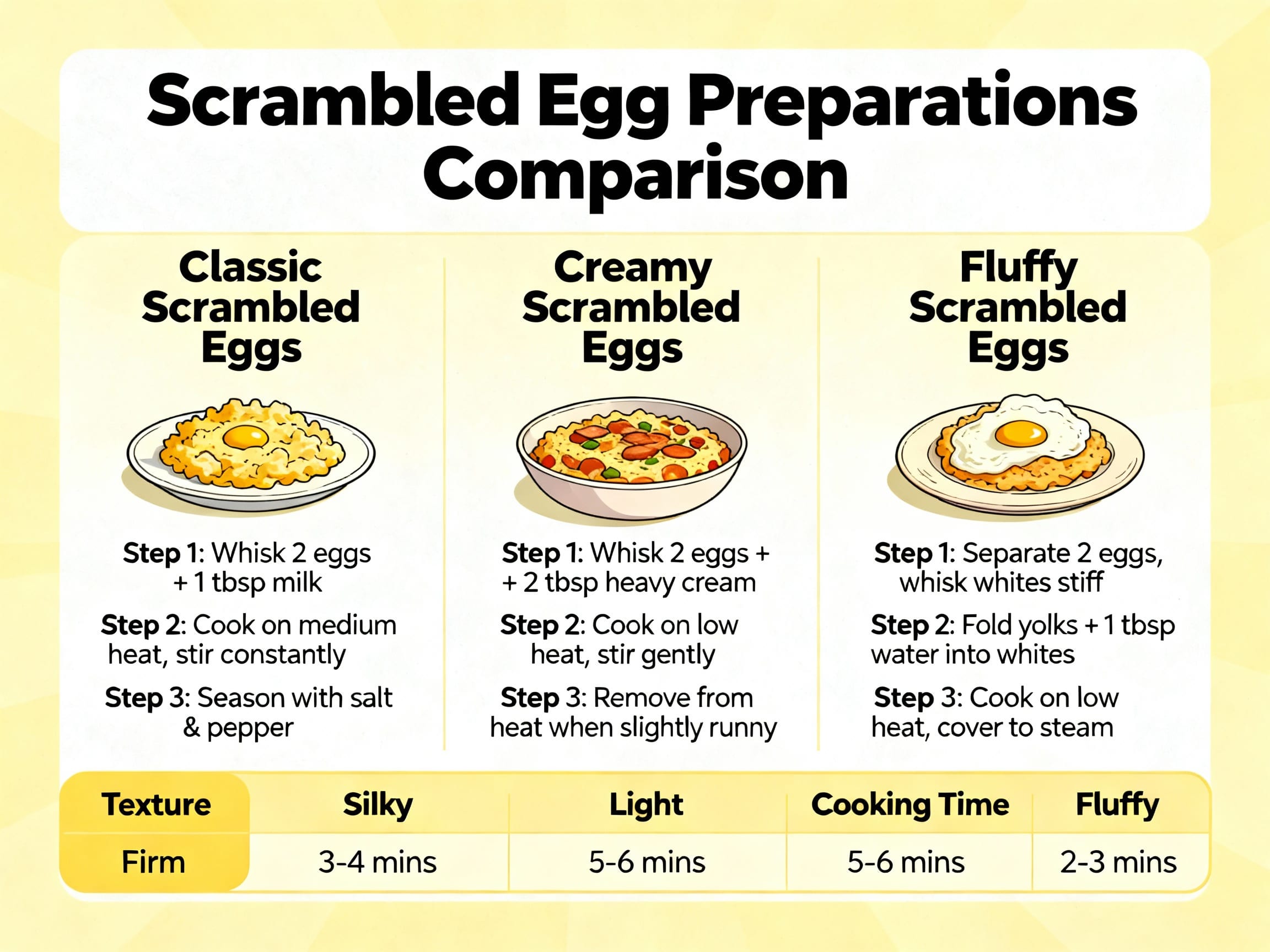 infographic comparing three scrambled egg preparations