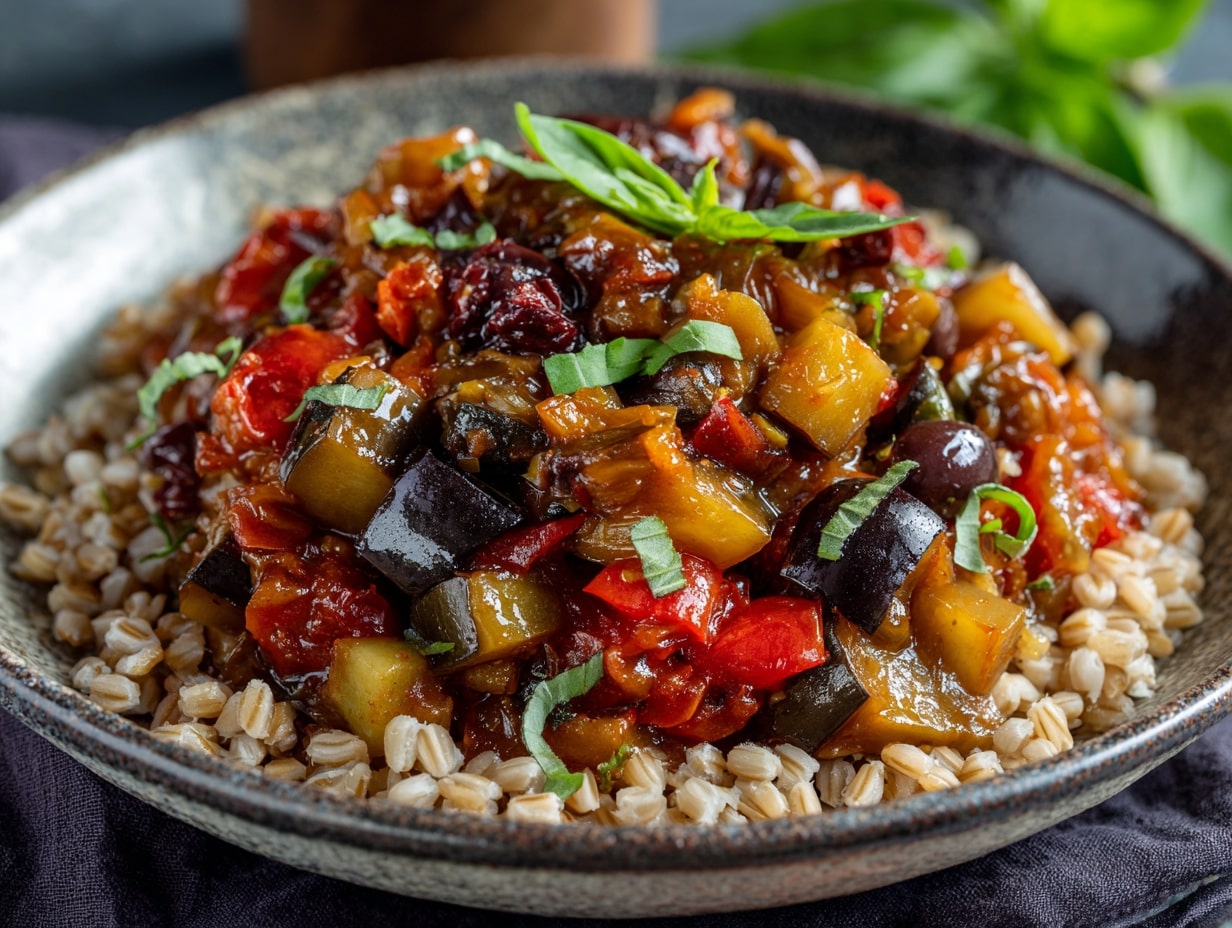 a shallow bowl of Sicilian caponata with glossy eggplant, tomatoes, celery, olives, raisins, basil; served over warm farro on a stoneware plate
