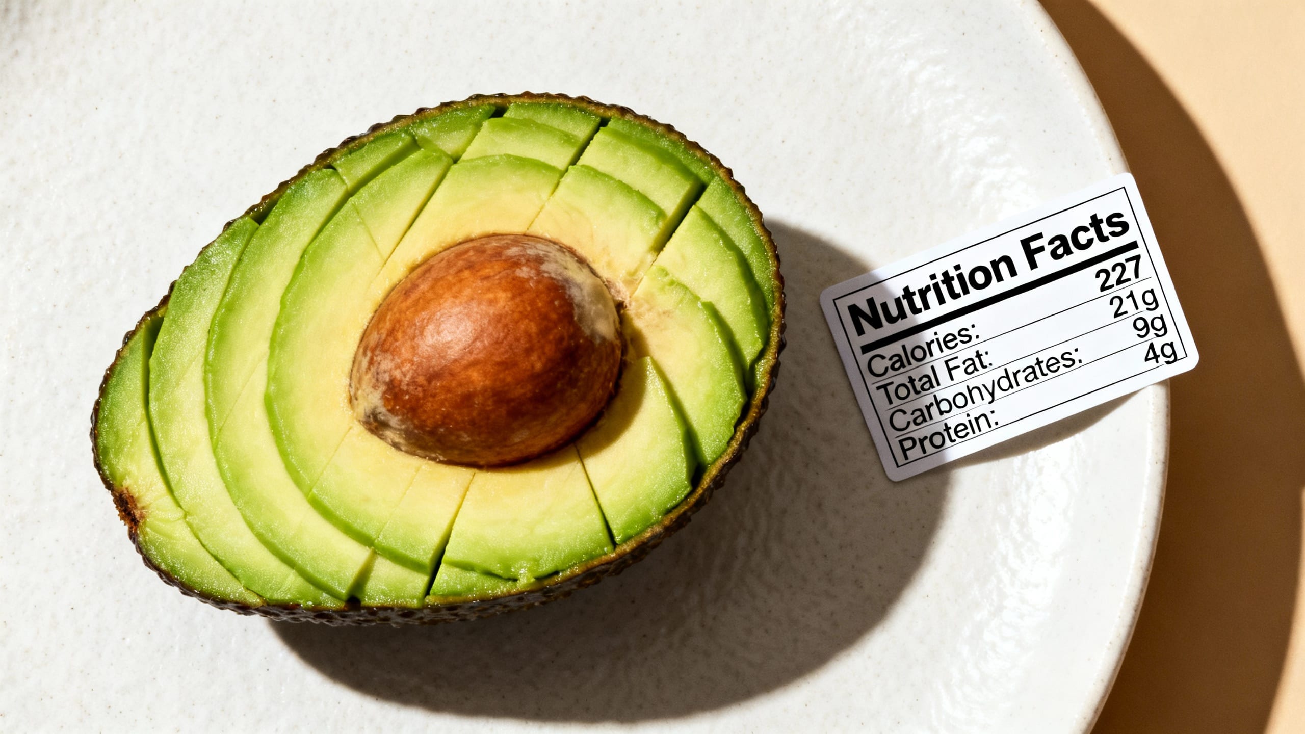 sliced avocado with nutrition labels