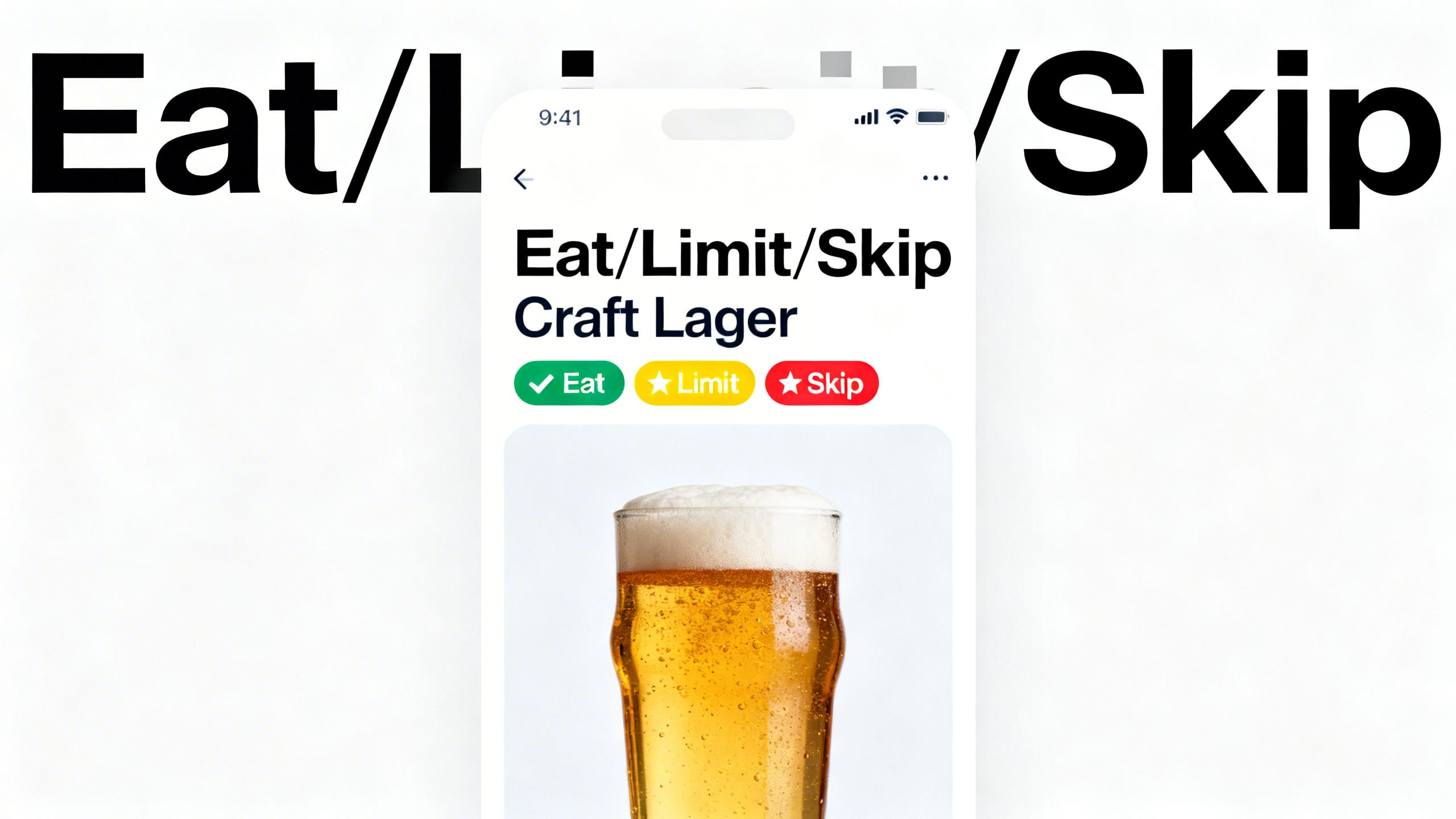 Eatibo app showing "Eat/Limit/Skip" rating for a beer