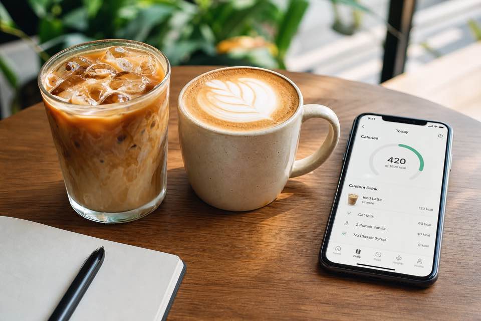 A clean Starbucks-style iced coffee setup beside a phone showing tracked nutrition