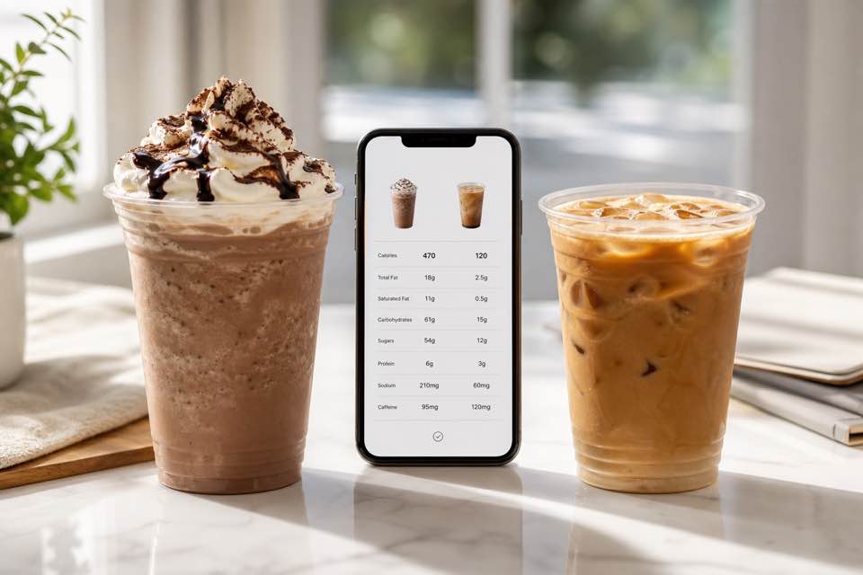 A mobile nutrition app next to two customized coffee drinks for comparison
