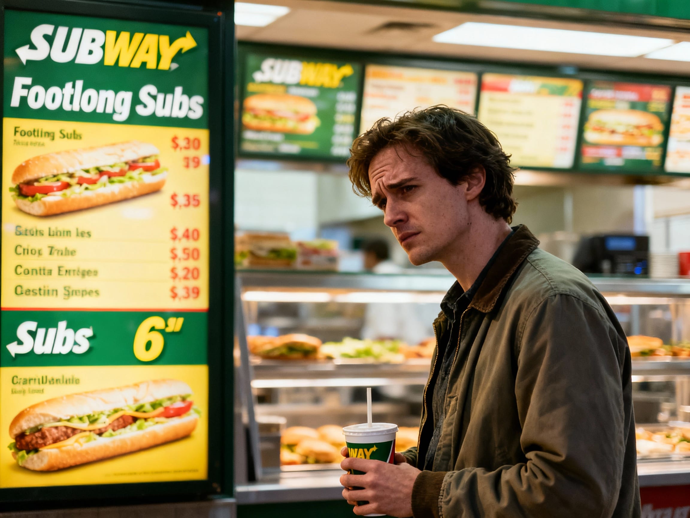 a person looking confused at a Subway menu