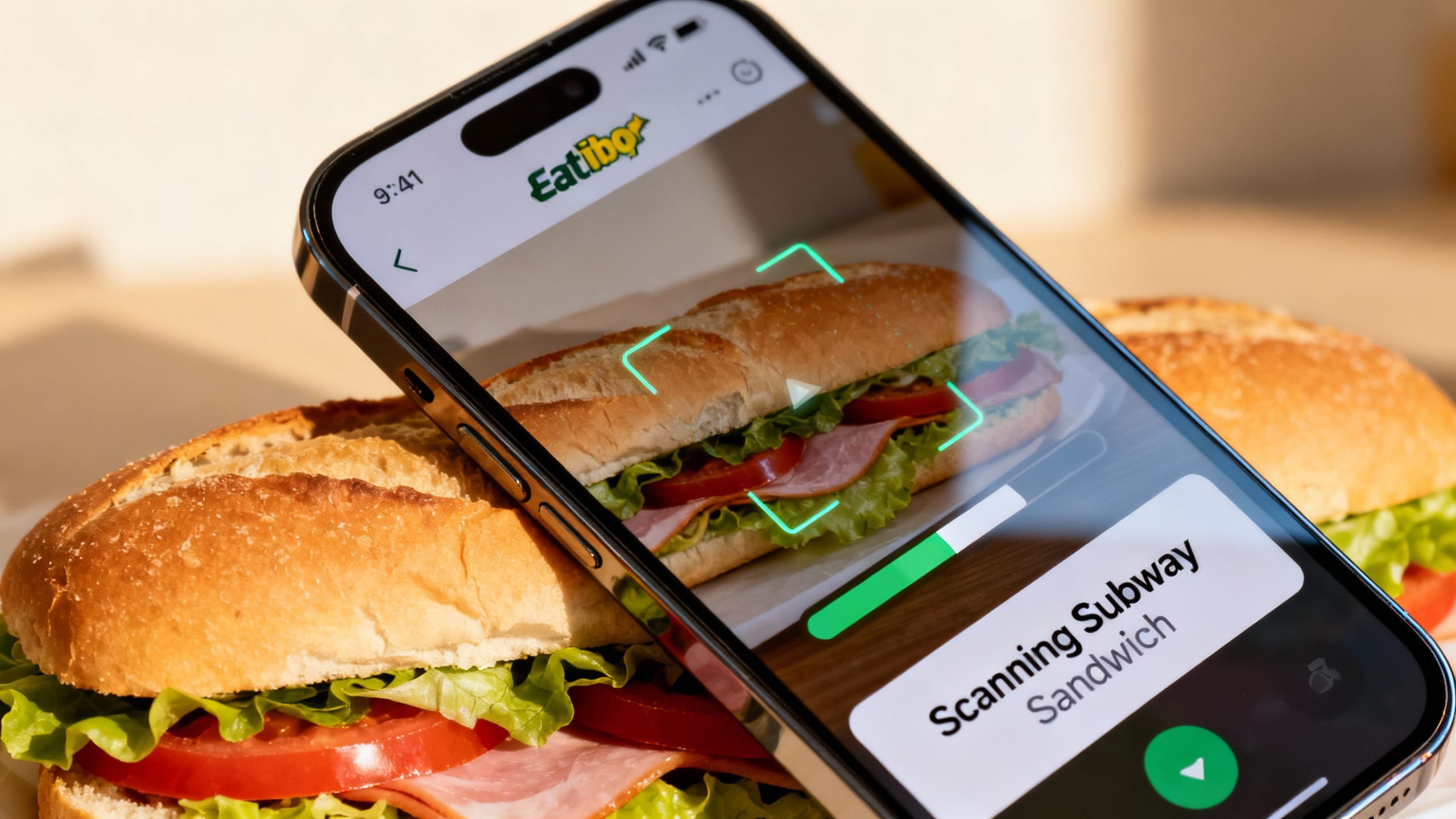 a smartphone screen showing the Eatibo app scanning a Subway sandwich