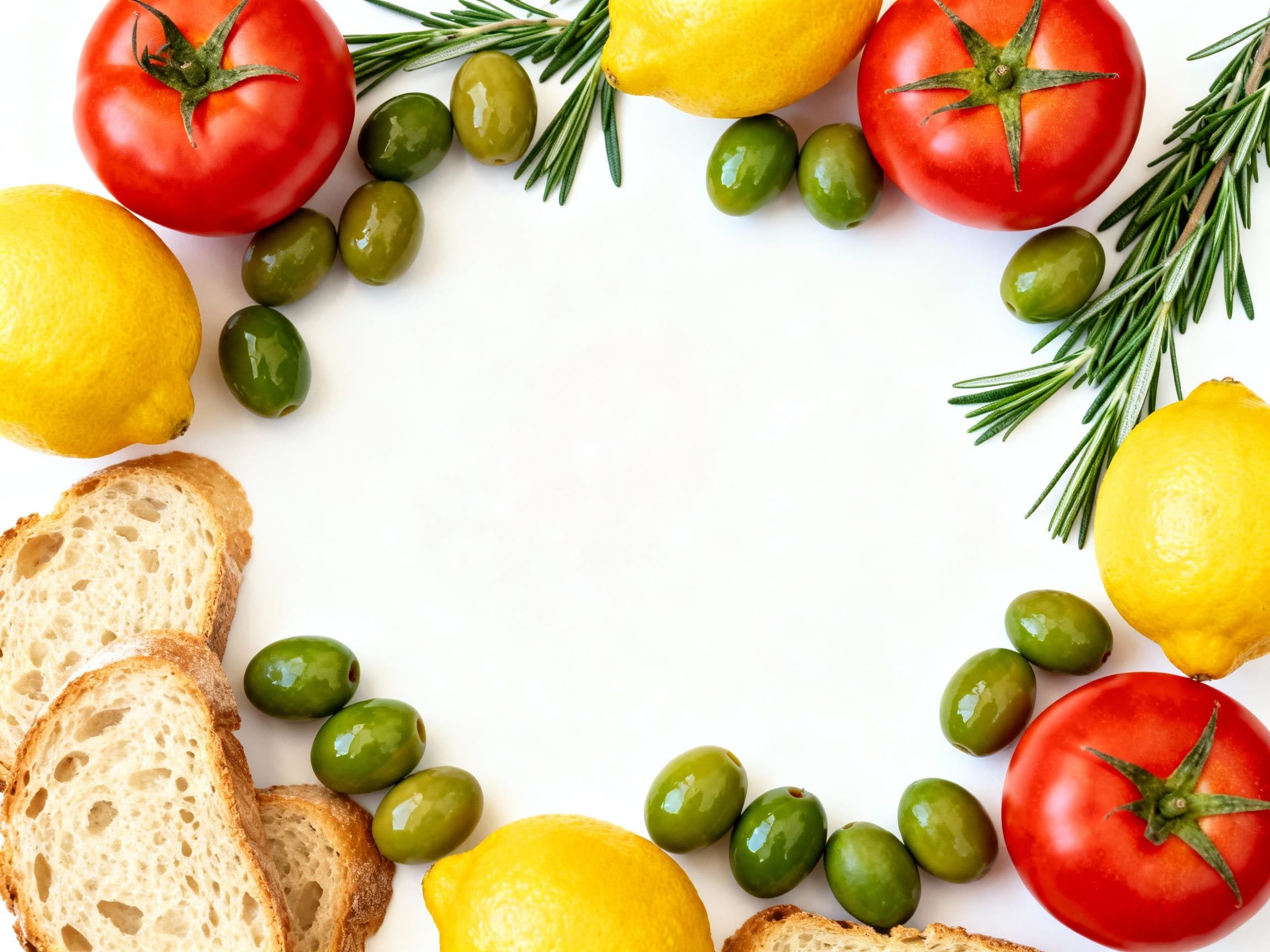 vibrant flat lay of Mediterranean ingredients