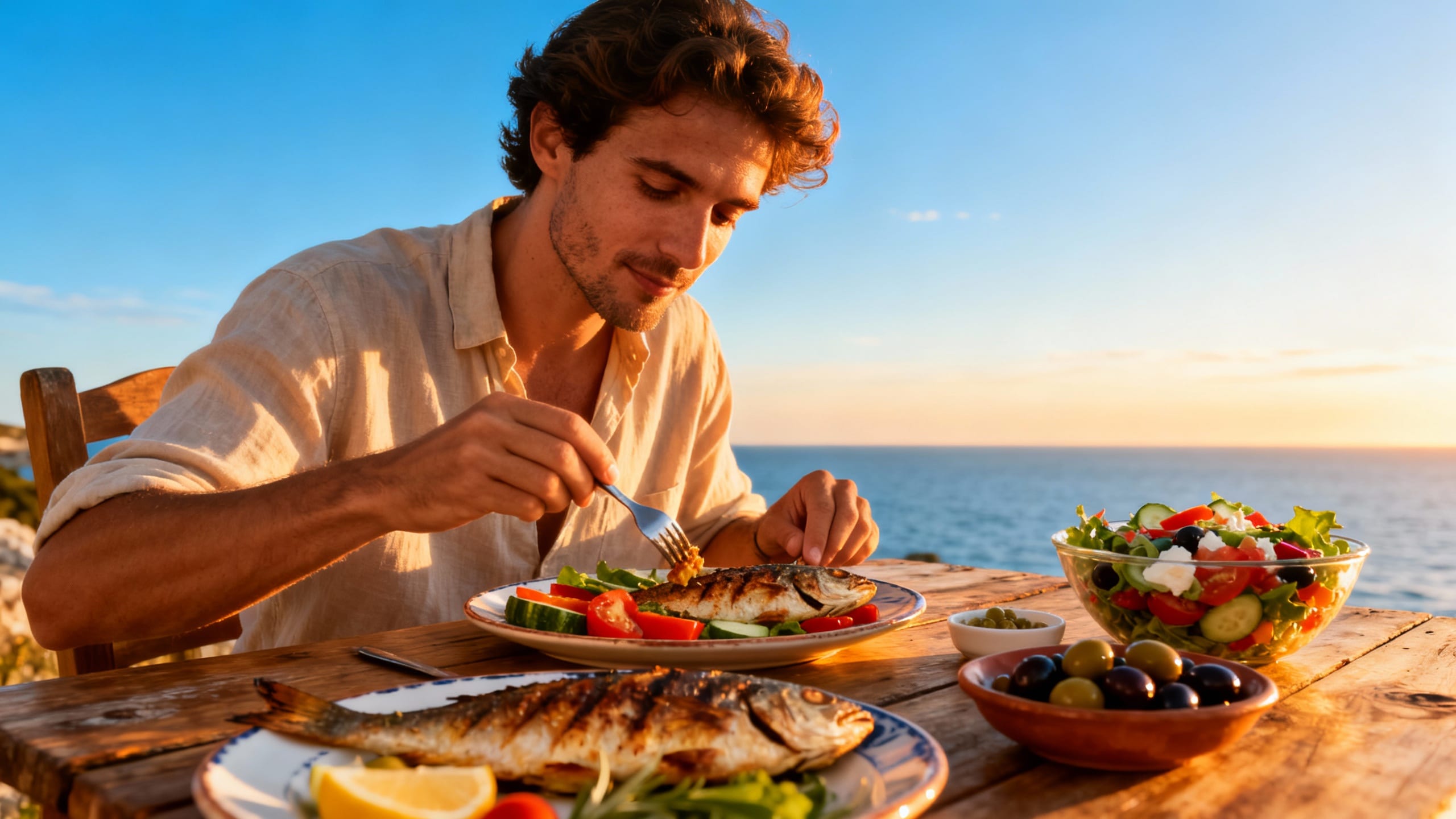 person enjoying a colourful Mediterranean meal outdoors