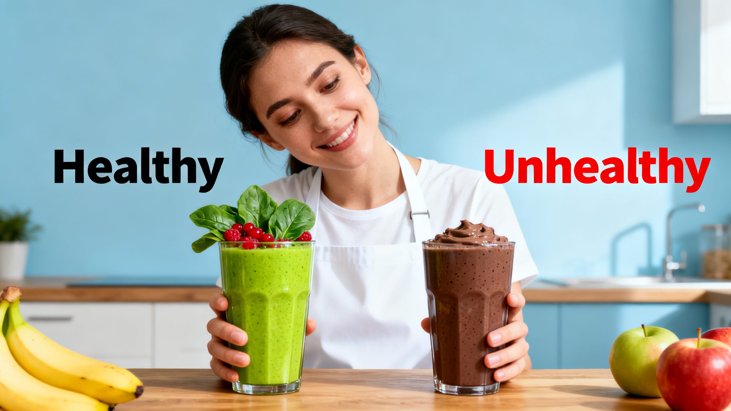 Person comparing two smoothies showing healthy vs unhealthy choices