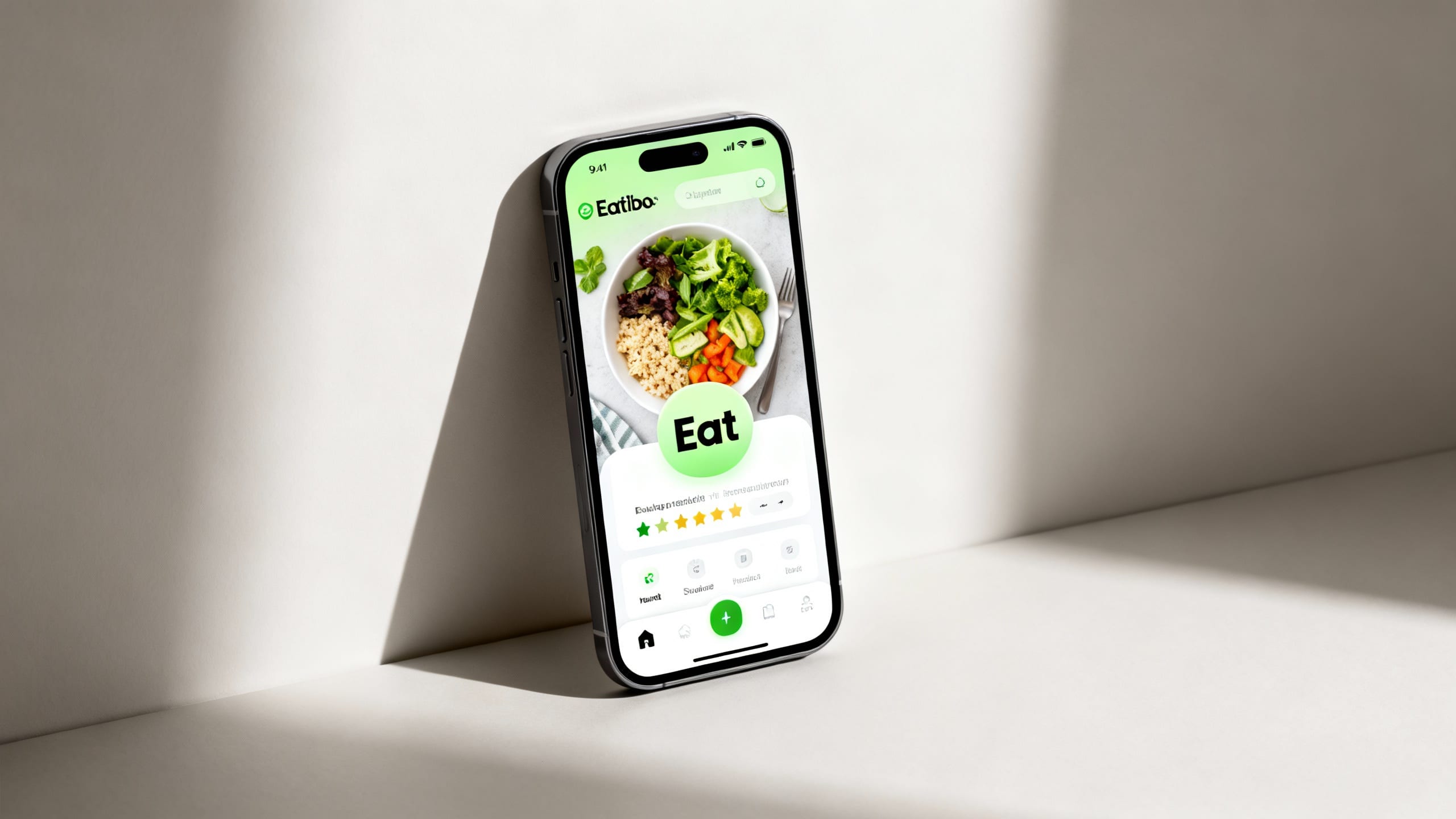 A smartphone displaying the Eatibo app with an 'Eat' rating for a healthy meal