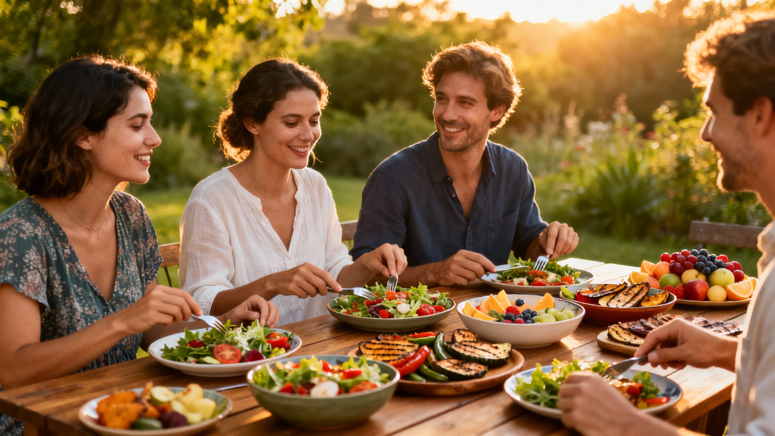 People sharing a meal outdoors, with fresh, colorful dishes on the table