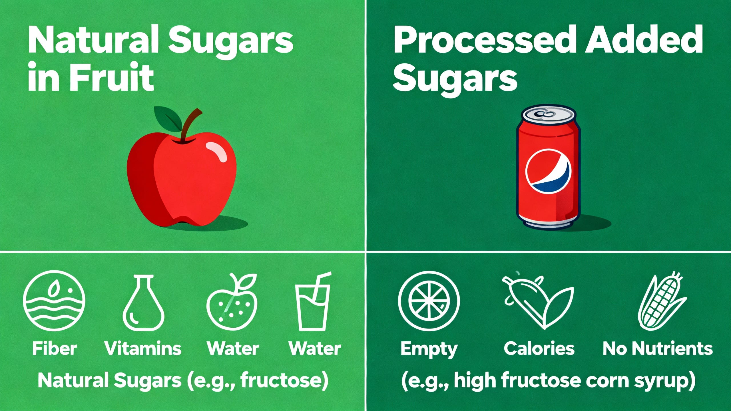diagram contrasting natural sugars in fruit with processed added sugars