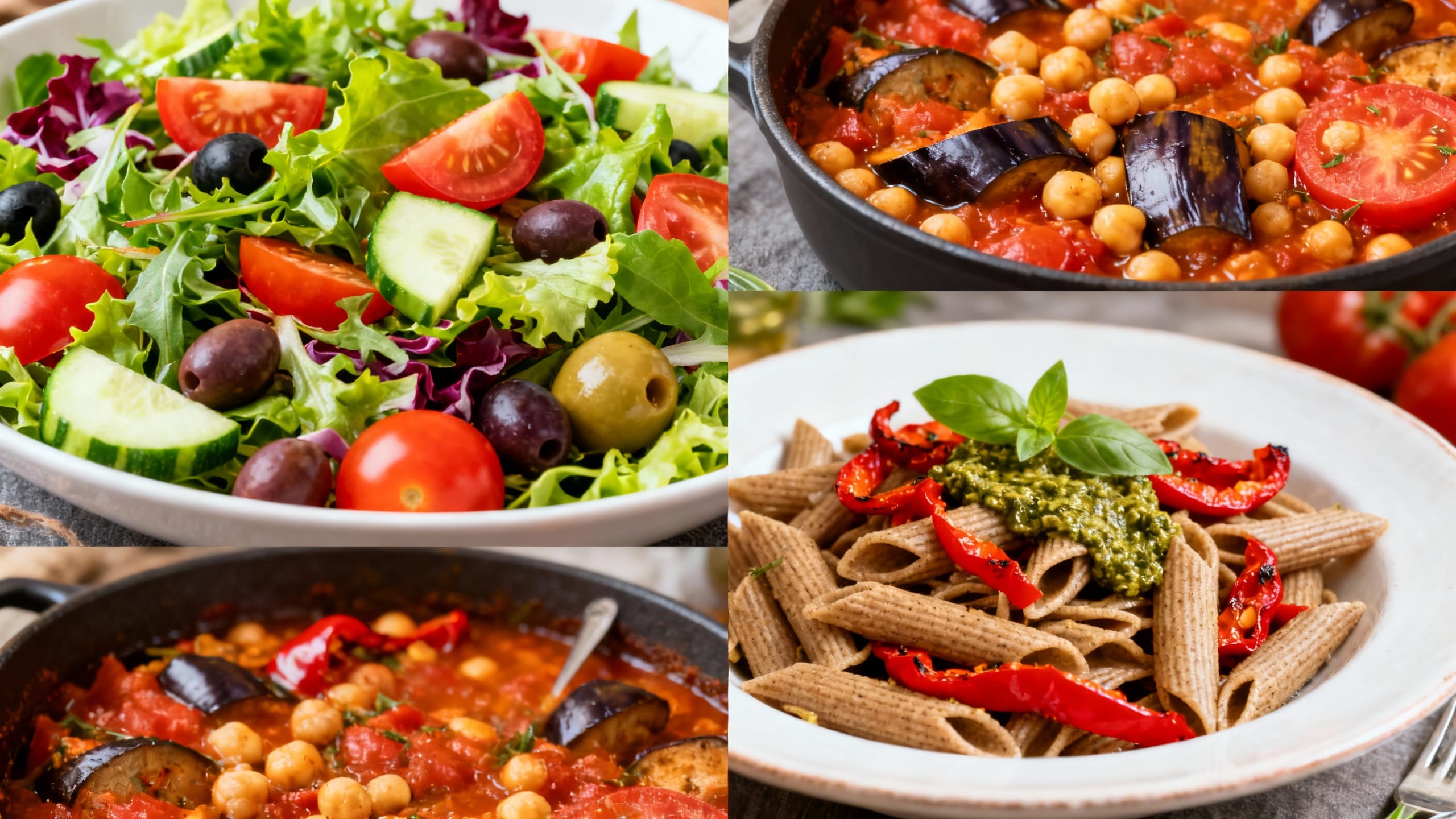 a collage of 3-4 diverse vegan Mediterranean dishes, including a bright salad, a hearty stew, and a fresh pasta dish