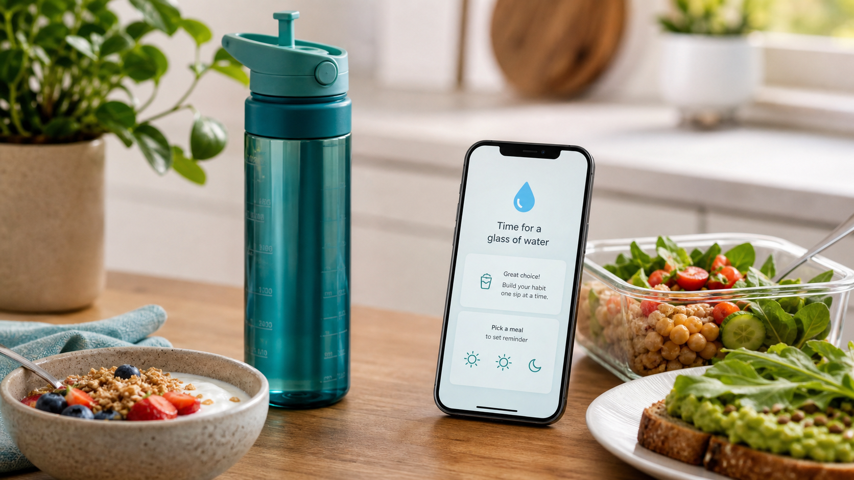 water reminder app beside meals and a reusable bottle