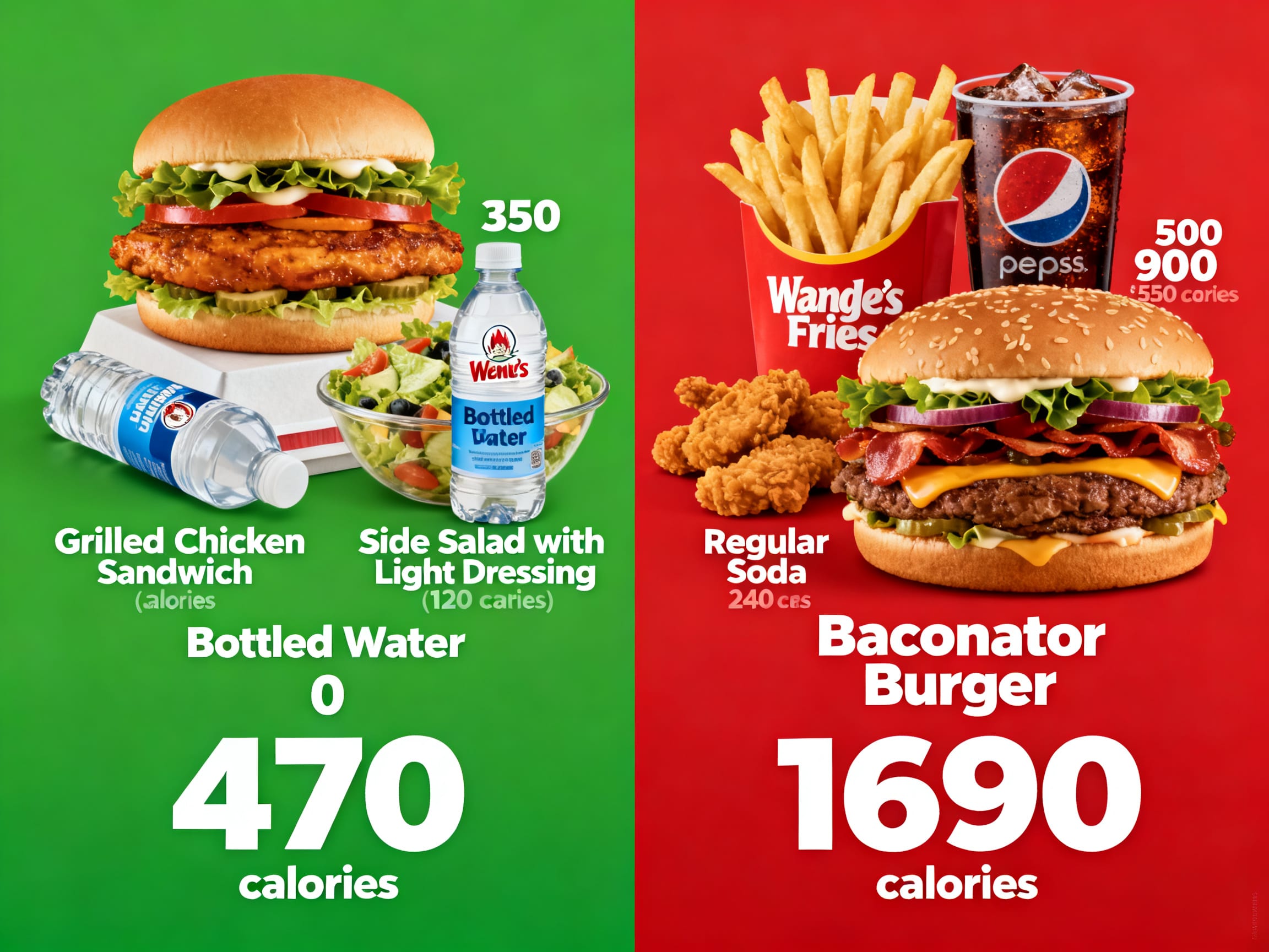 a side-by-side comparison of a healthy Wendy's meal vs. an unhealthy one, showing calorie differences