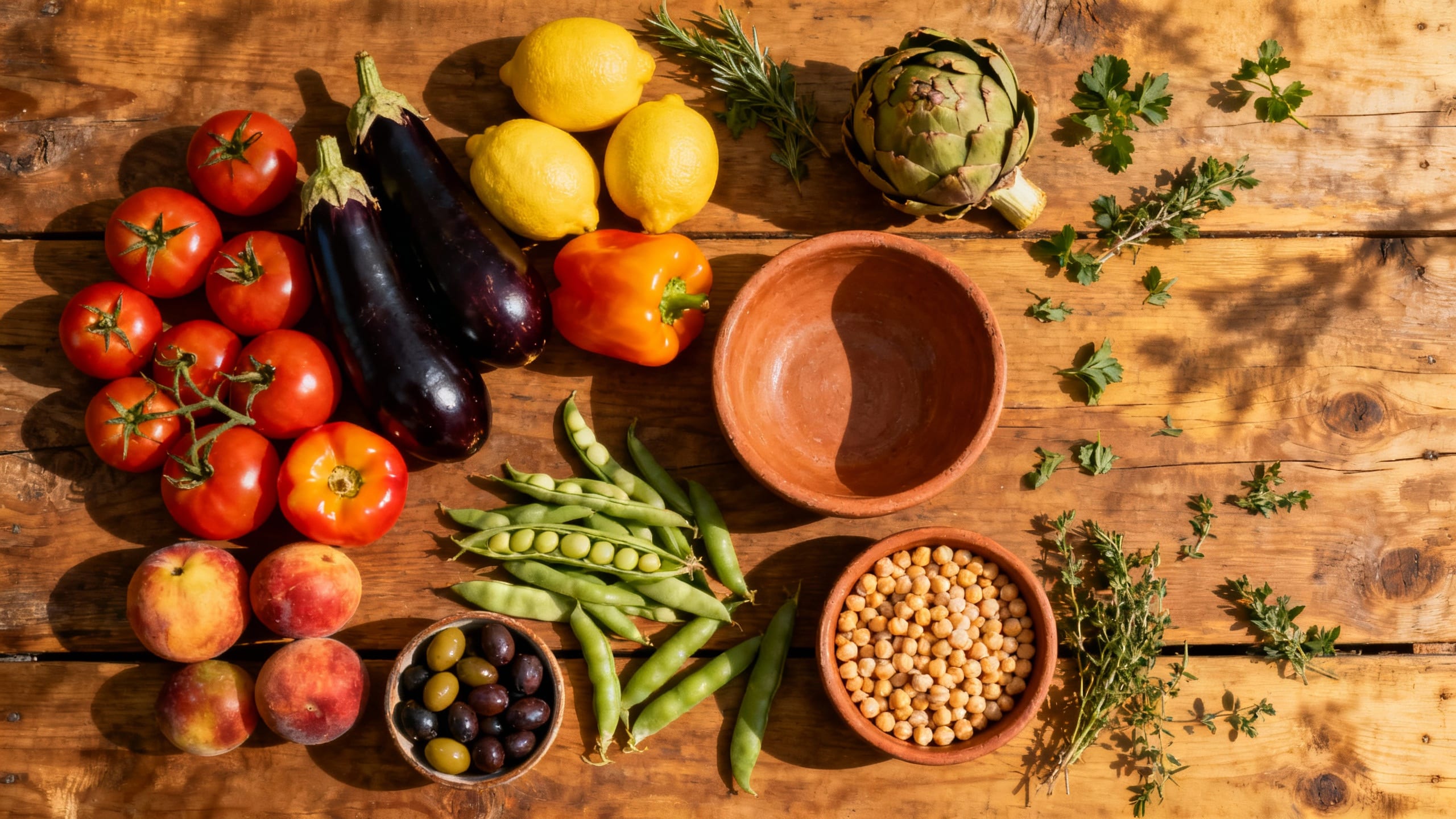 Assortment of vibrant Mediterranean fruits, vegetables, and legumes