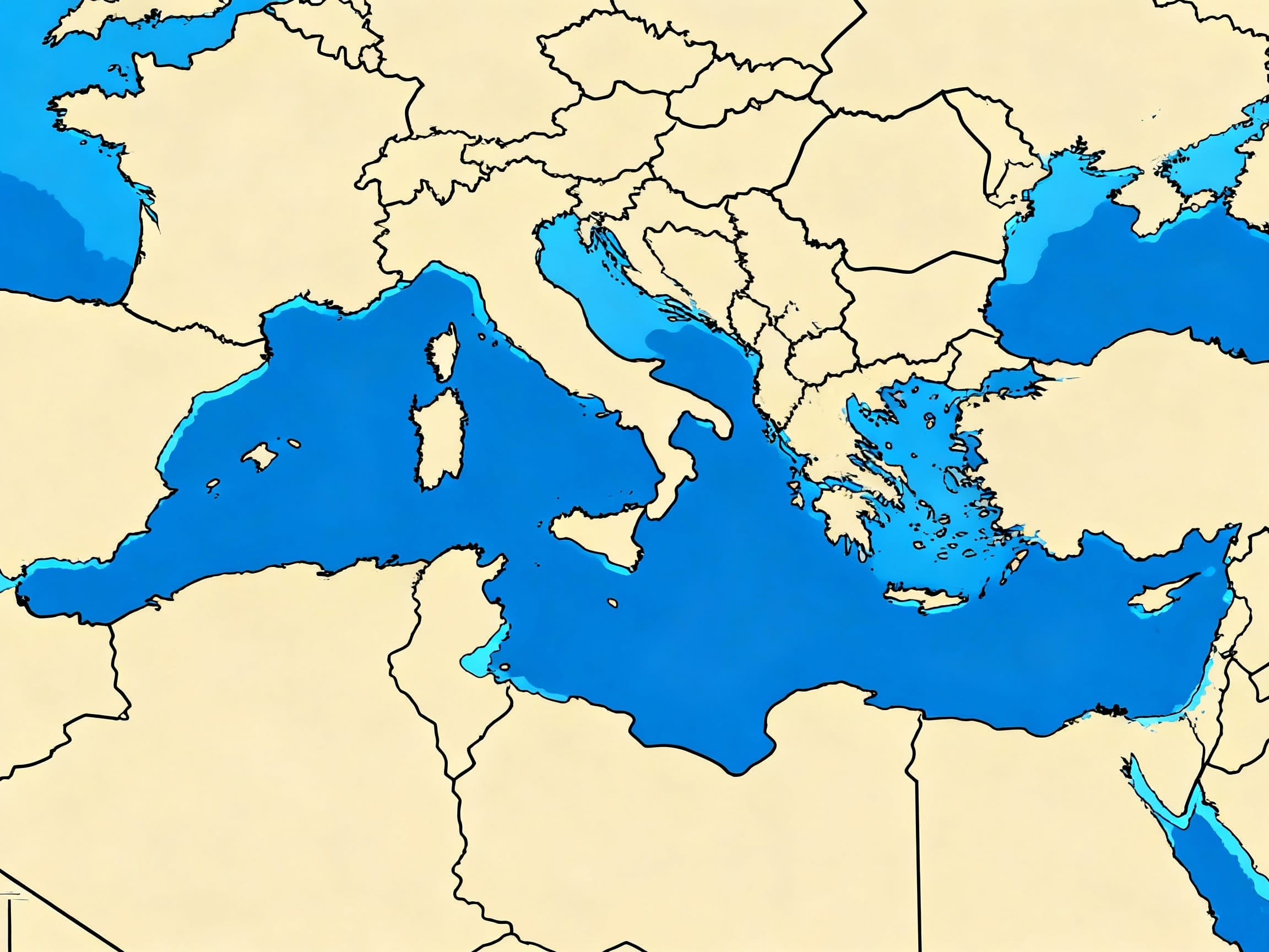 Map of Mediterranean Sea and surrounding countries