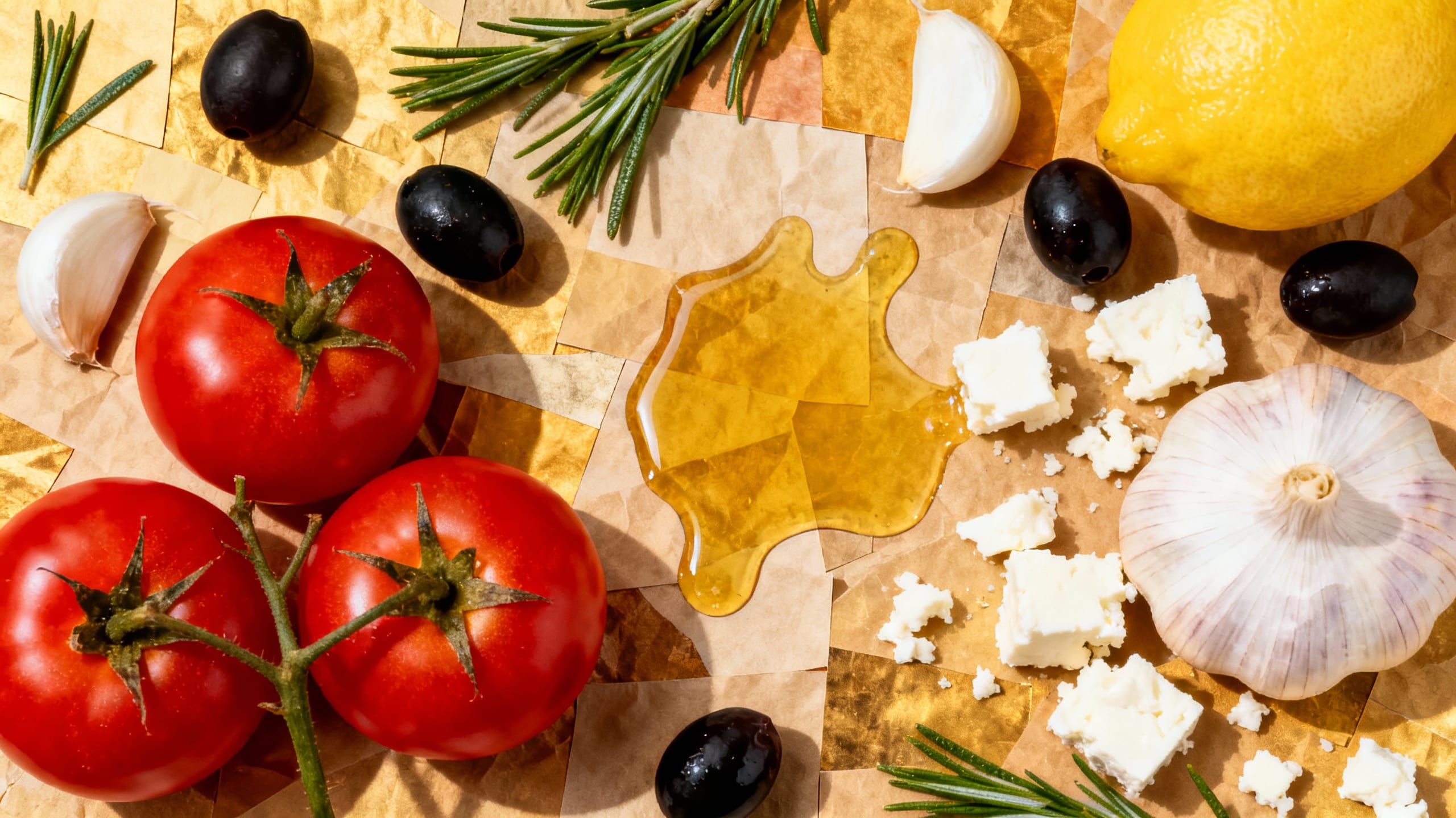 Colorful collage of Mediterranean staple ingredients