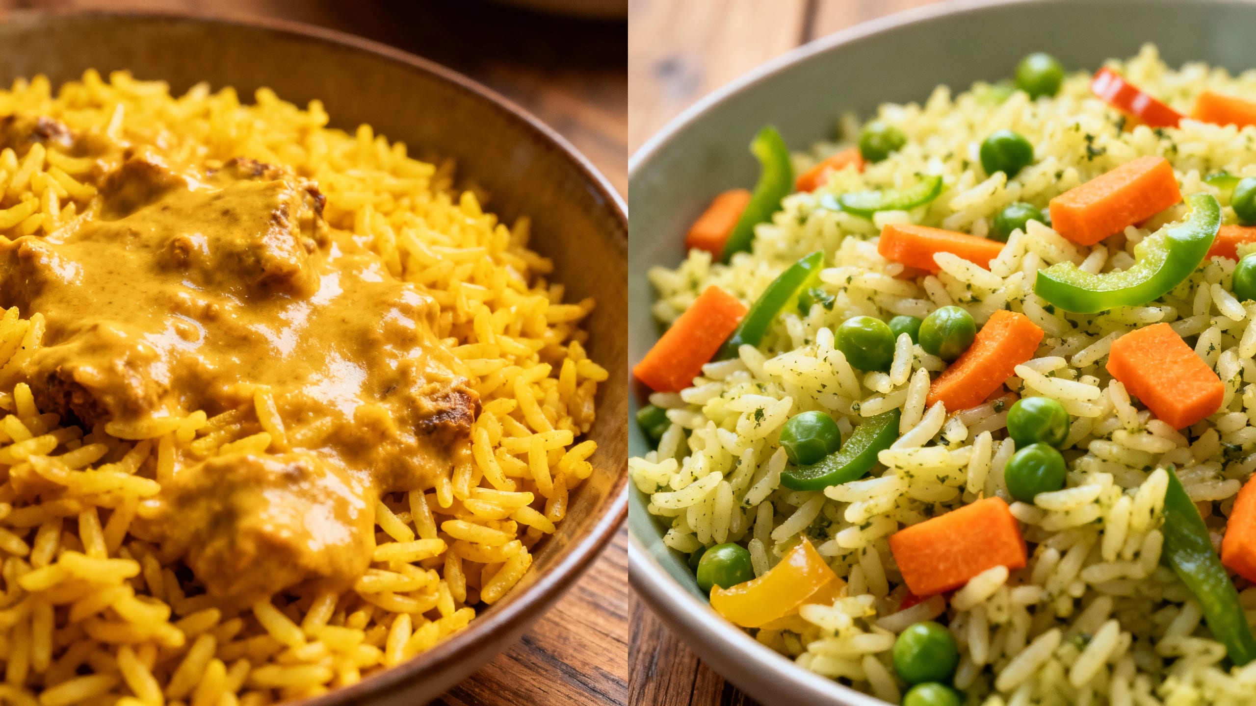A comparison showing a traditional yellow rice dish next to a plant-based, lighter version with more vegetables