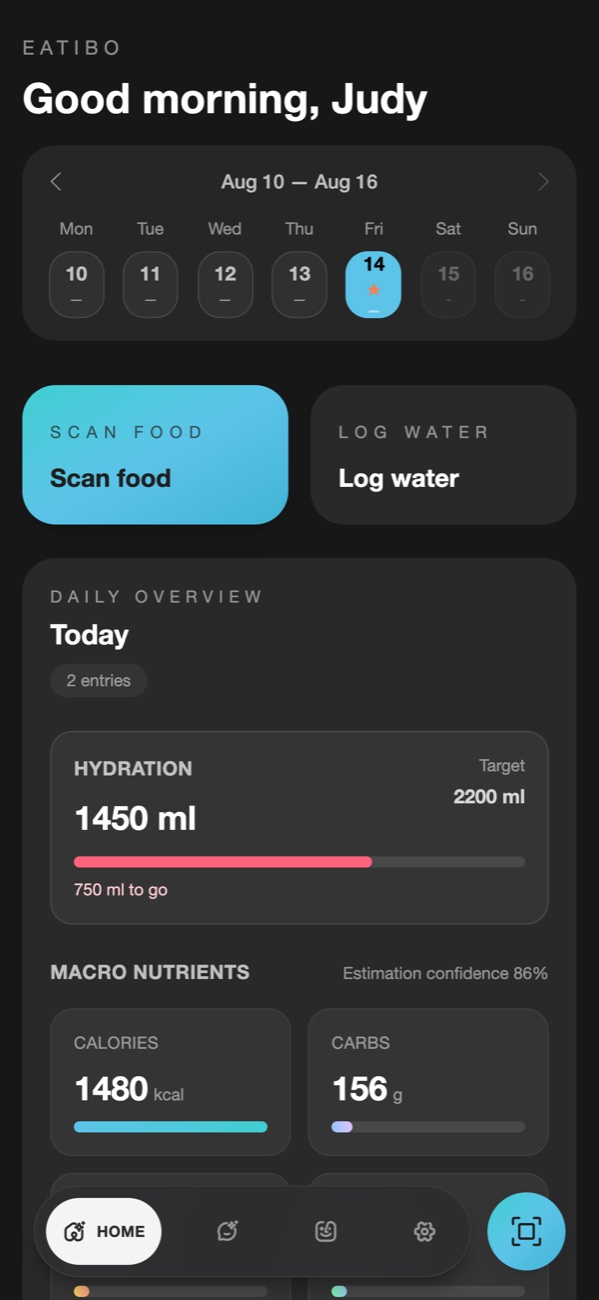 Eatibo home screen with weekly calendar and Daily Overview